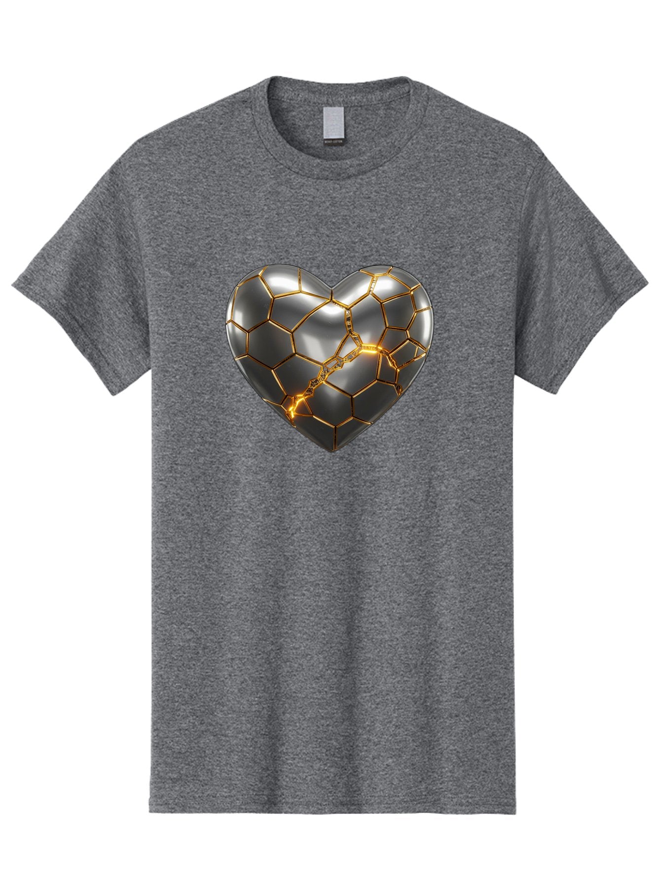 Kintsugi-Heart Men'S Graphic Tee, 100% Cotton, Comfortable Casual Summer Wear, Machine Washable, Kintsugi, Broken Heart, Repaired With Gold, Metal Heart, Shiny, Reflective, 3D Illustration, Unique Art, Creative Design, Heart Shape, Bae064 7