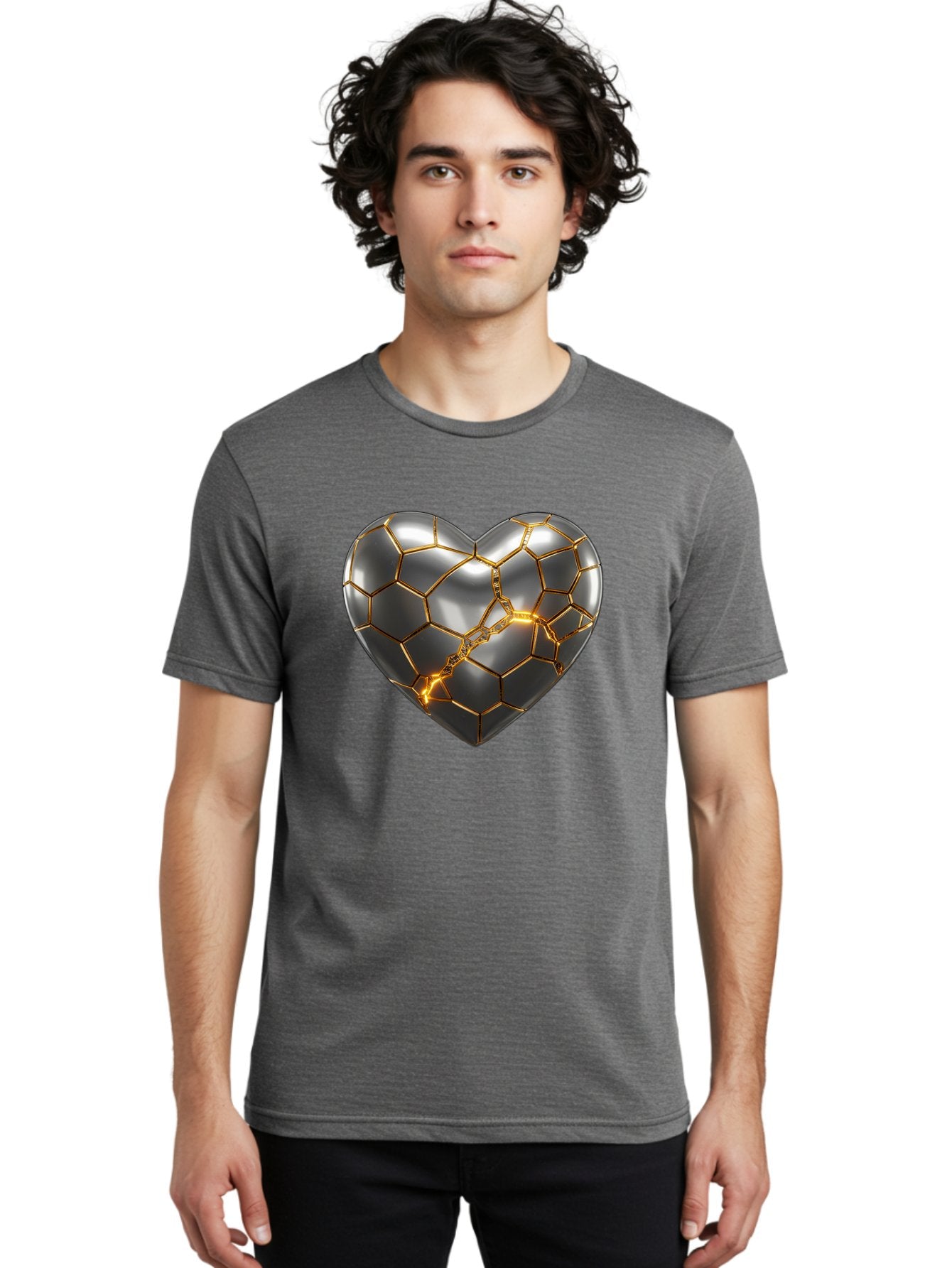 Kintsugi-Heart Men'S Graphic Tee, 100% Cotton, Comfortable Casual Summer Wear, Machine Washable, Kintsugi, Broken Heart, Repaired With Gold, Metal Heart, Shiny, Reflective, 3D Illustration, Unique Art, Creative Design, Heart Shape, Bae064 16