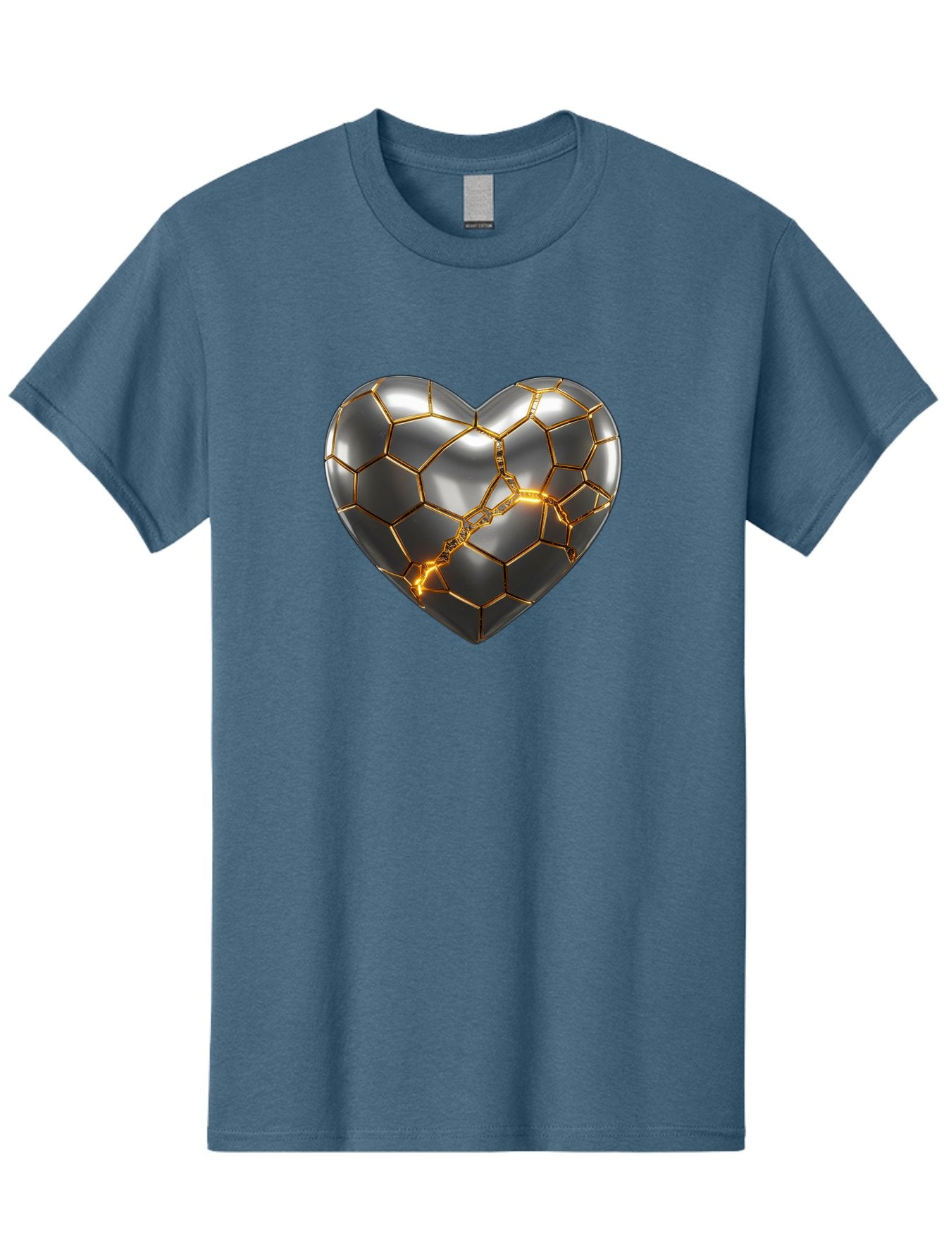 Kintsugi-Heart Men'S Graphic Tee, 100% Cotton, Comfortable Casual Summer Wear, Machine Washable, Kintsugi, Broken Heart, Repaired With Gold, Metal Heart, Shiny, Reflective, 3D Illustration, Unique Art, Creative Design, Heart Shape, Bae064 13