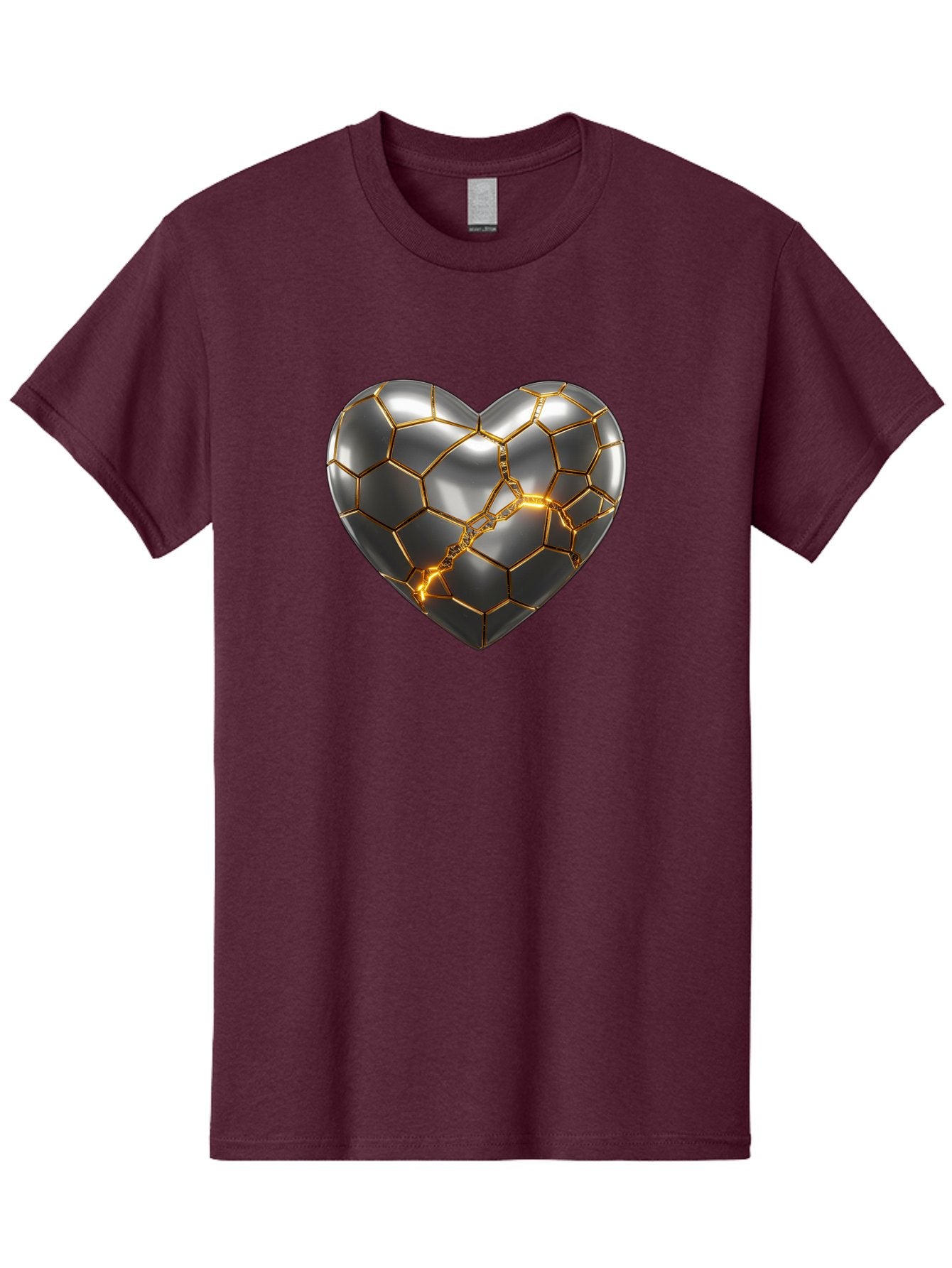 Kintsugi-Heart Men'S Graphic Tee, 100% Cotton, Comfortable Casual Summer Wear, Machine Washable, Kintsugi, Broken Heart, Repaired With Gold, Metal Heart, Shiny, Reflective, 3D Illustration, Unique Art, Creative Design, Heart Shape, Bae064 6