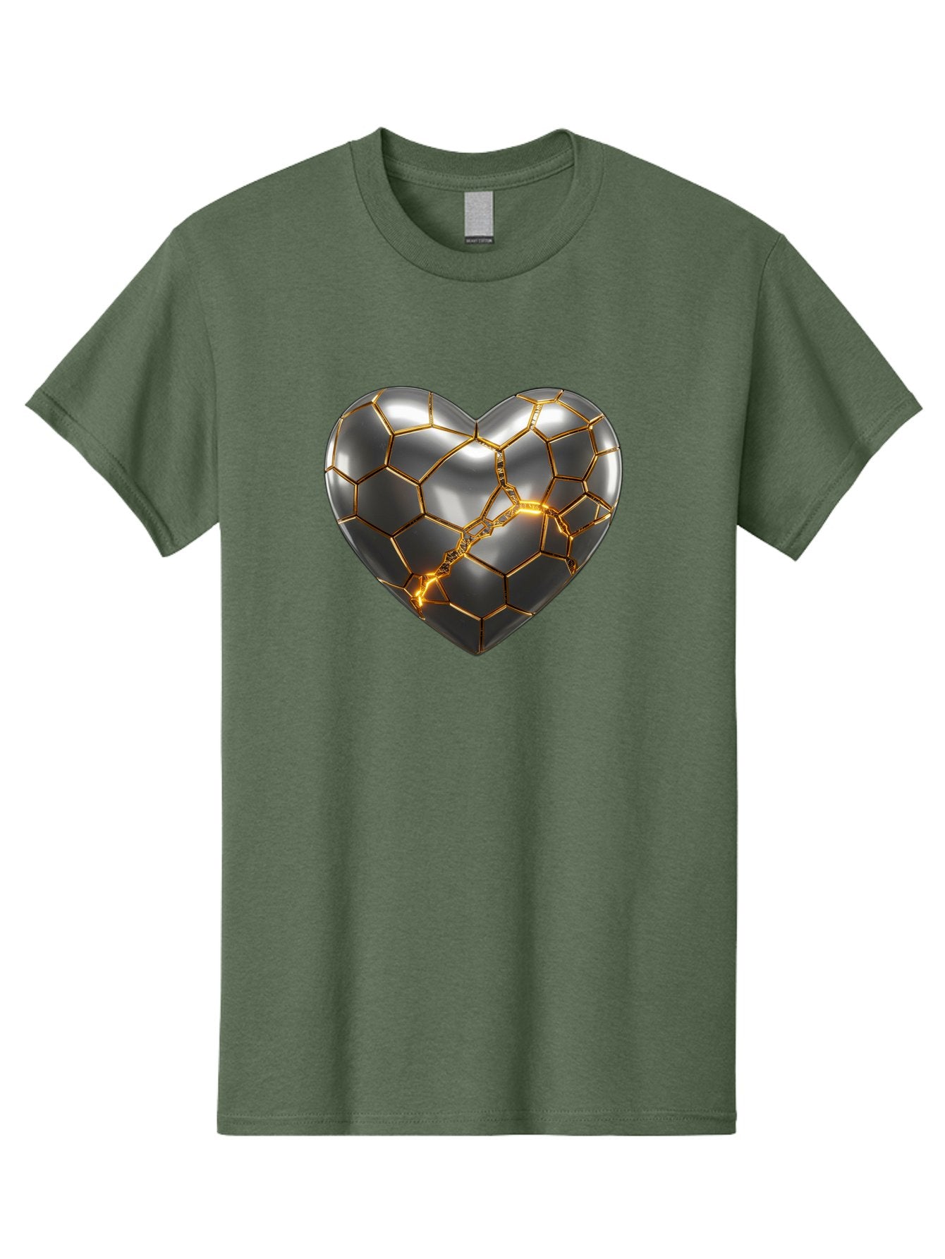 Kintsugi-Heart Men'S Graphic Tee, 100% Cotton, Comfortable Casual Summer Wear, Machine Washable, Kintsugi, Broken Heart, Repaired With Gold, Metal Heart, Shiny, Reflective, 3D Illustration, Unique Art, Creative Design, Heart Shape, Bae064