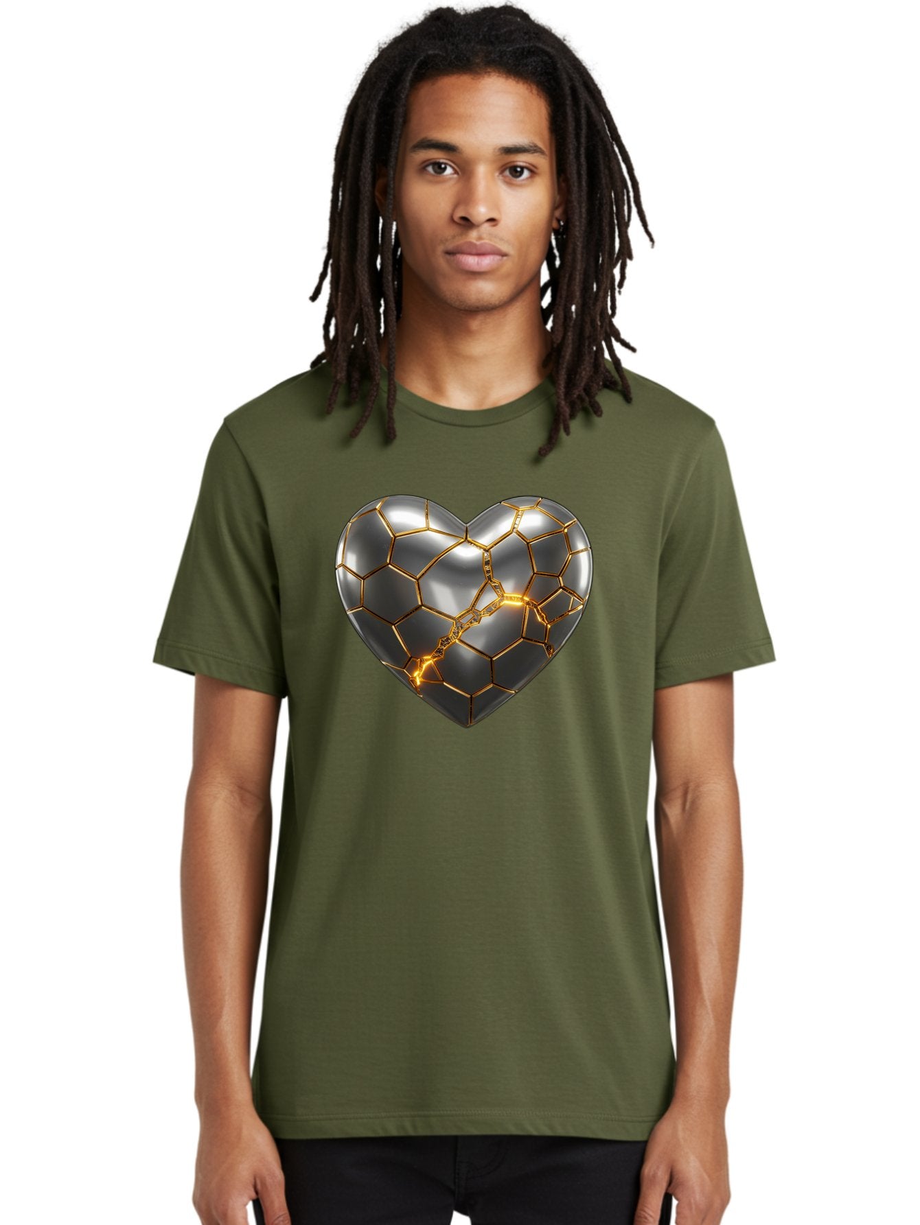 Kintsugi-Heart Men'S Graphic Tee, 100% Cotton, Comfortable Casual Summer Wear, Machine Washable, Kintsugi, Broken Heart, Repaired With Gold, Metal Heart, Shiny, Reflective, 3D Illustration, Unique Art, Creative Design, Heart Shape, Bae064 19