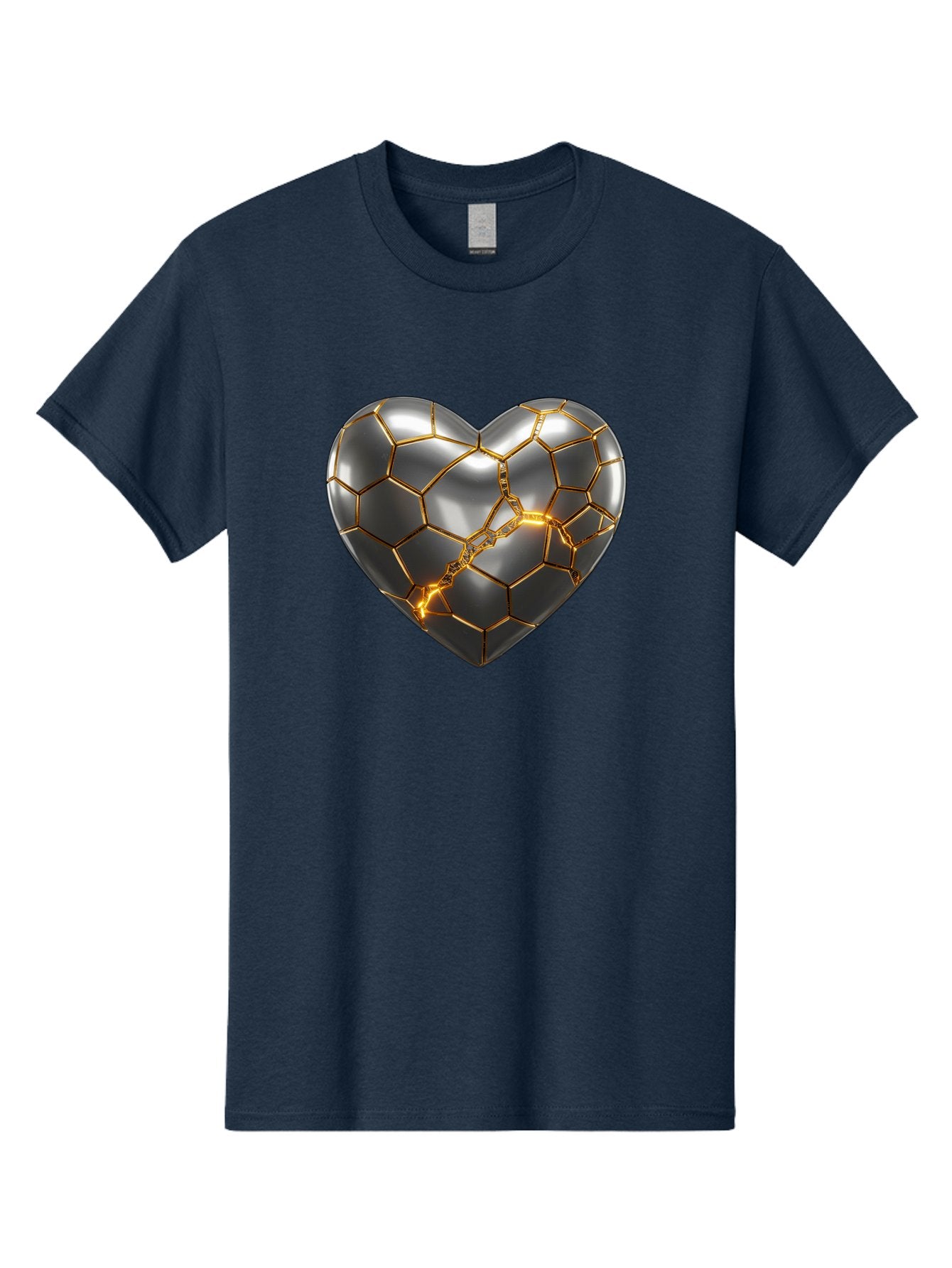 Kintsugi-Heart Men'S Graphic Tee, 100% Cotton, Comfortable Casual Summer Wear, Machine Washable, Kintsugi, Broken Heart, Repaired With Gold, Metal Heart, Shiny, Reflective, 3D Illustration, Unique Art, Creative Design, Heart Shape, Bae064 14