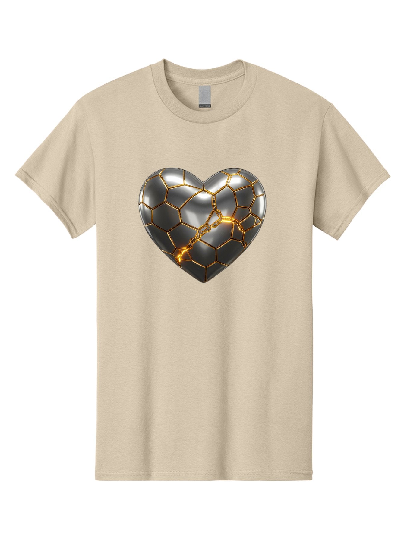 Kintsugi-Heart Men'S Graphic Tee, 100% Cotton, Comfortable Casual Summer Wear, Machine Washable, Kintsugi, Broken Heart, Repaired With Gold, Metal Heart, Shiny, Reflective, 3D Illustration, Unique Art, Creative Design, Heart Shape, Bae064 4