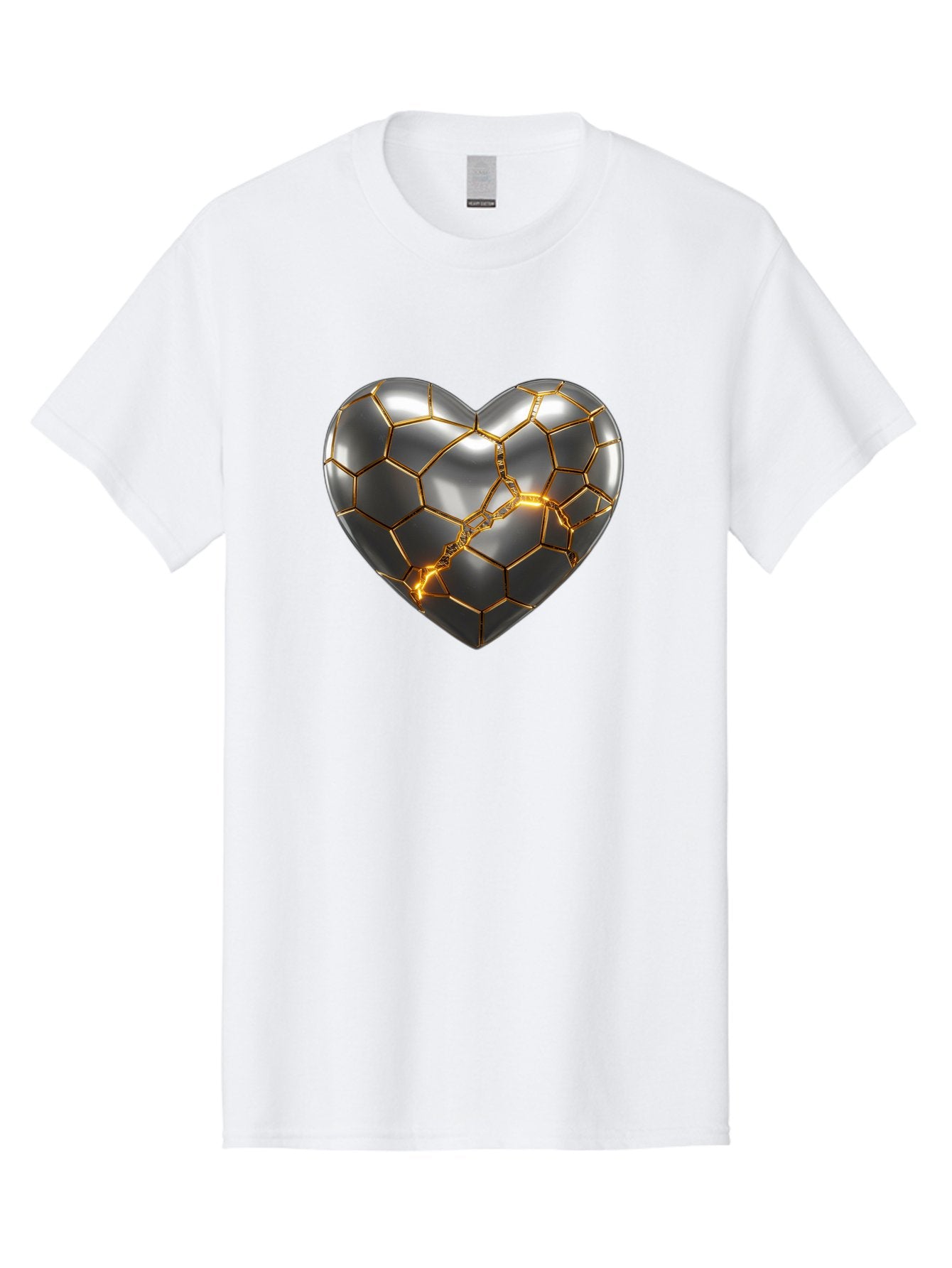 Kintsugi-Heart Men'S Graphic Tee, 100% Cotton, Comfortable Casual Summer Wear, Machine Washable, Kintsugi, Broken Heart, Repaired With Gold, Metal Heart, Shiny, Reflective, 3D Illustration, Unique Art, Creative Design, Heart Shape, Bae064 12