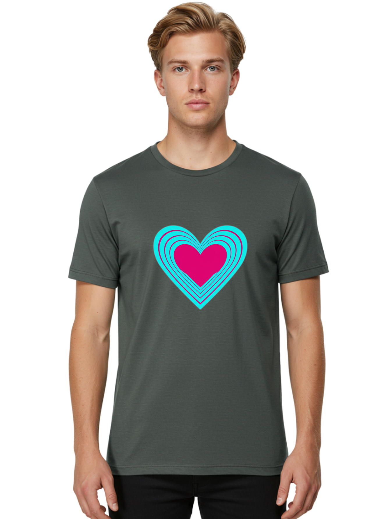 Layered-Heart Men'S Graphic Tee, 100% Cotton, Comfortable Casual Summer Wear, Machine Washable, Layered Heart, Pink And Blue Heart, Love Symbol, Valentine'S Day, Heart Shape, Digital Art, Graphic Design, Layered Effect Bae065 22