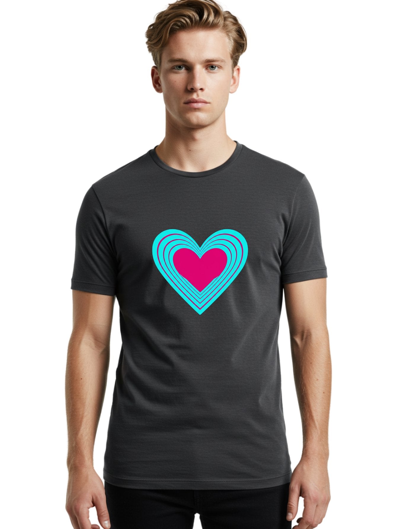 Layered-Heart Men'S Graphic Tee, 100% Cotton, Comfortable Casual Summer Wear, Machine Washable, Layered Heart, Pink And Blue Heart, Love Symbol, Valentine'S Day, Heart Shape, Digital Art, Graphic Design, Layered Effect Bae065 30