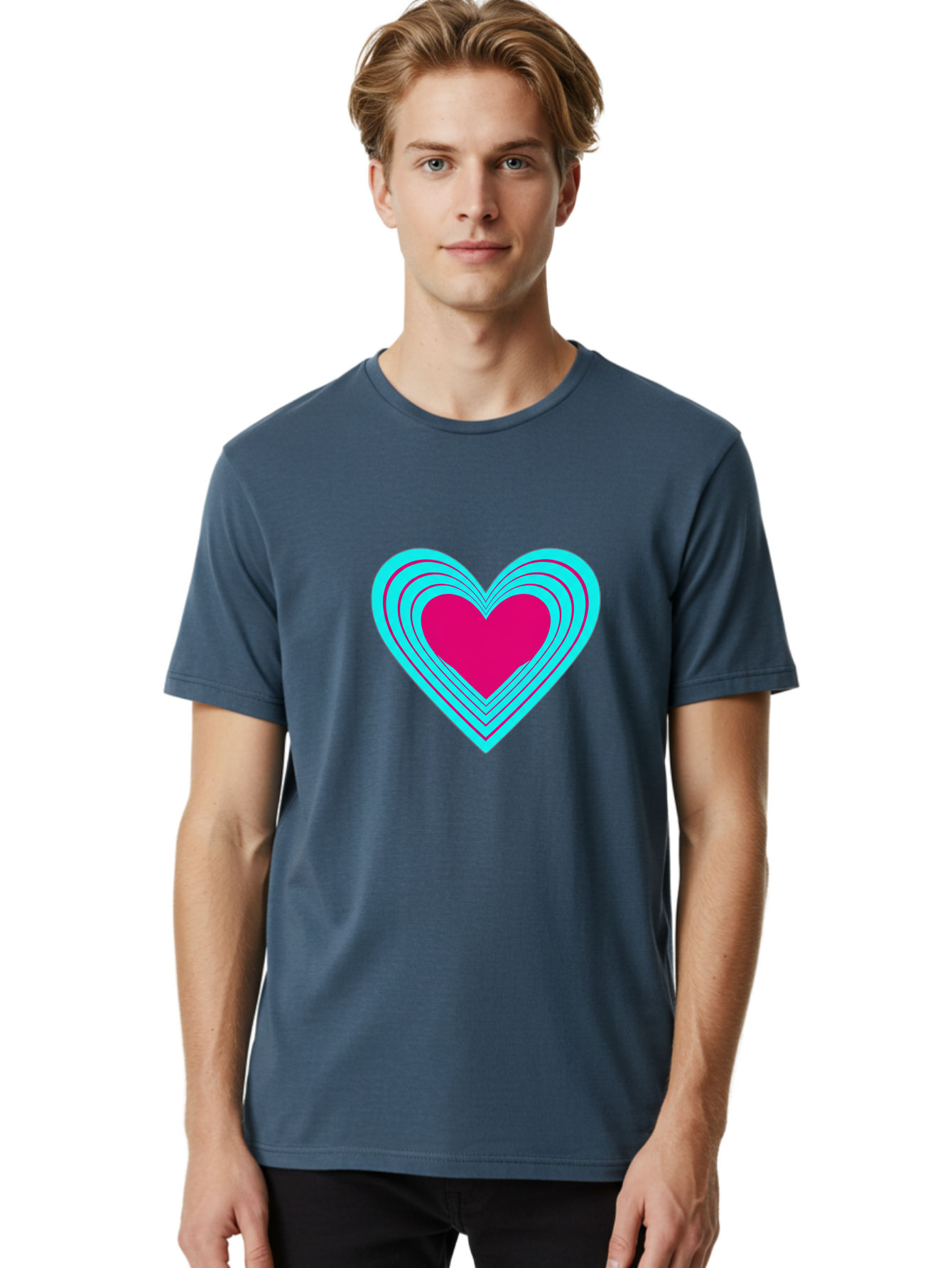 Layered-Heart Men'S Graphic Tee, 100% Cotton, Comfortable Casual Summer Wear, Machine Washable, Layered Heart, Pink And Blue Heart, Love Symbol, Valentine'S Day, Heart Shape, Digital Art, Graphic Design, Layered Effect Bae065 23