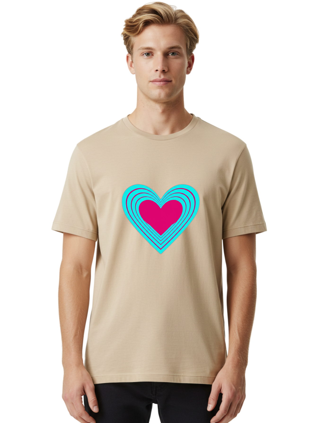 Layered-Heart Men'S Graphic Tee, 100% Cotton, Comfortable Casual Summer Wear, Machine Washable, Layered Heart, Pink And Blue Heart, Love Symbol, Valentine'S Day, Heart Shape, Digital Art, Graphic Design, Layered Effect Bae065 27