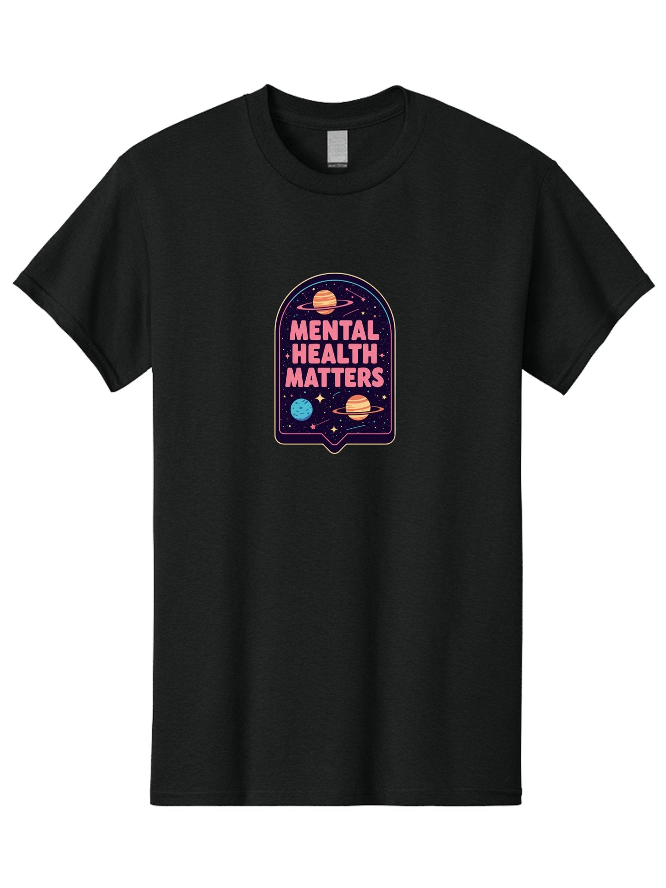 Mental-Health-Matters-4 Men'S Graphic Tee, 100% Cotton, Comfortable Casual Summer Wear, Machine Washable, Mental Health Awareness, Motivational Quote, Celestial Theme, Pink Text, Outer Space Design, Stars, Planets, Mental Wellness, Self Care, Bae069 12