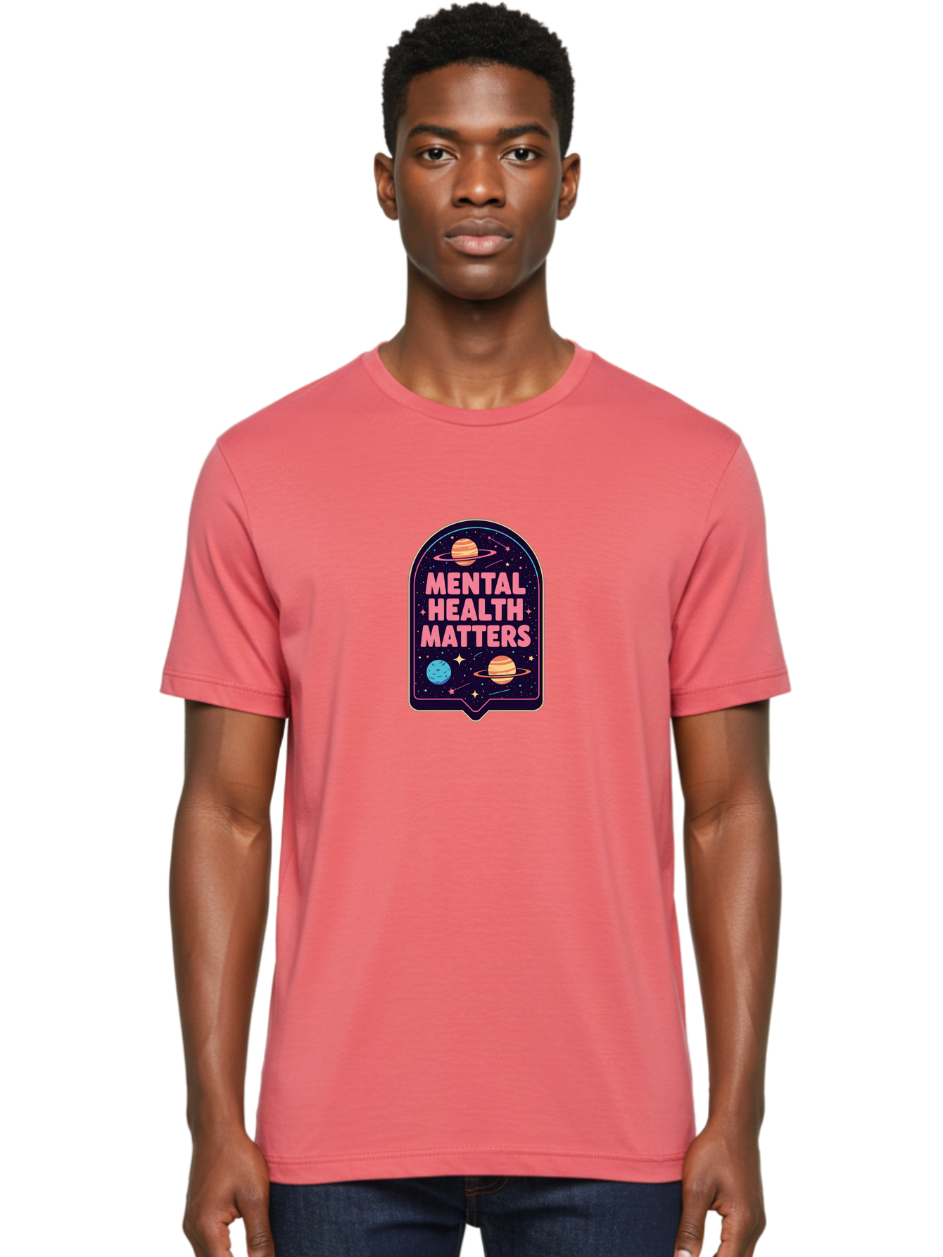 Mental-Health-Matters-4 Men'S Graphic Tee, 100% Cotton, Comfortable Casual Summer Wear, Machine Washable, Mental Health Awareness, Motivational Quote, Celestial Theme, Pink Text, Outer Space Design, Stars, Planets, Mental Wellness, Self Care, Bae069 30