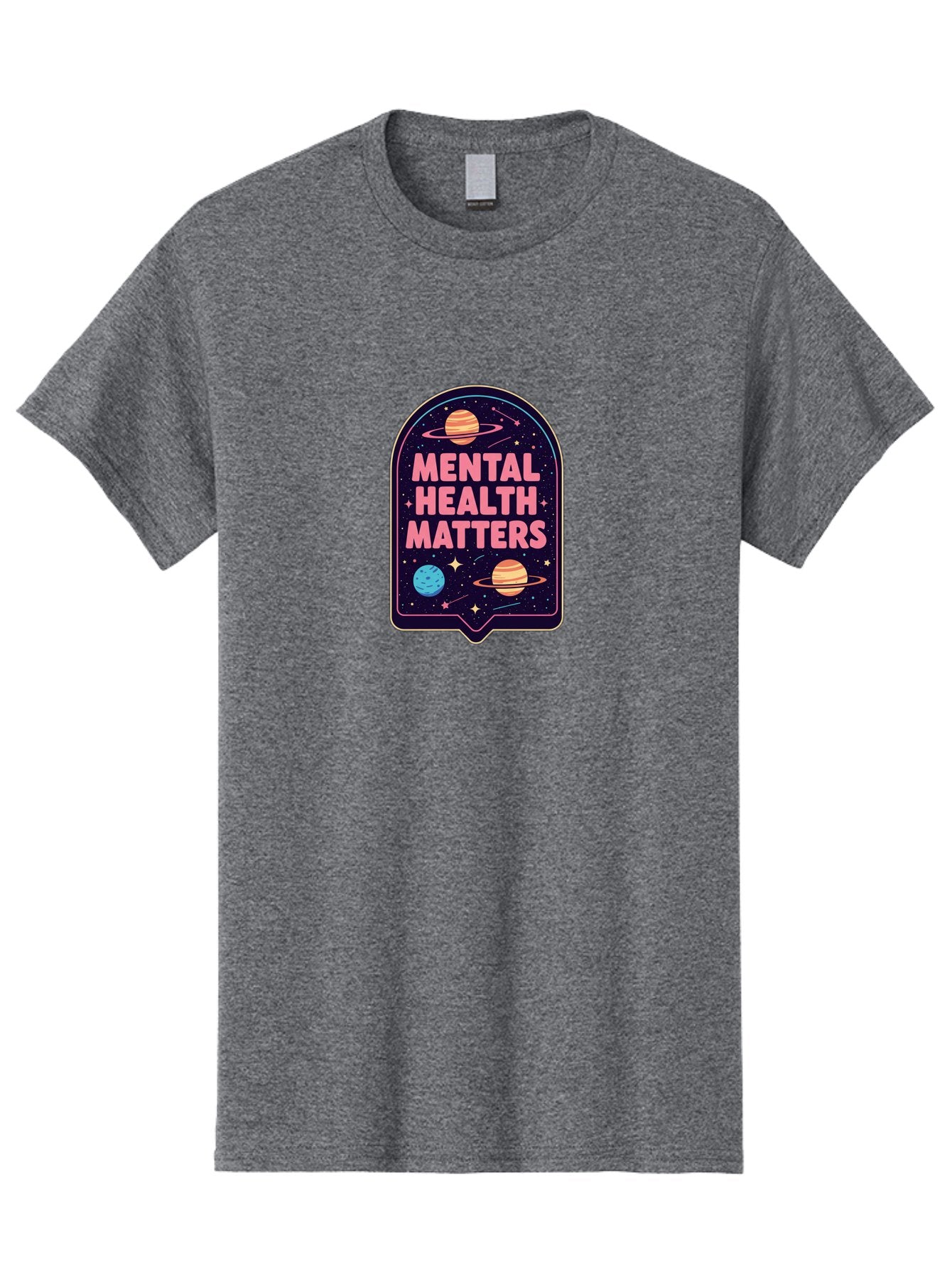 Mental-Health-Matters-4 Men'S Graphic Tee, 100% Cotton, Comfortable Casual Summer Wear, Machine Washable, Mental Health Awareness, Motivational Quote, Celestial Theme, Pink Text, Outer Space Design, Stars, Planets, Mental Wellness, Self Care, Bae069 15