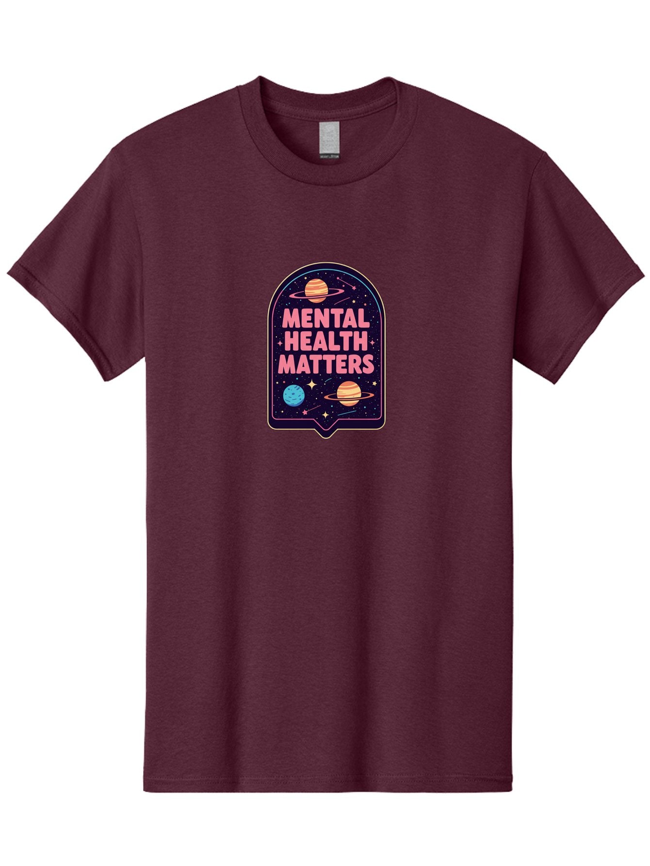 Mental-Health-Matters-4 Men'S Graphic Tee, 100% Cotton, Comfortable Casual Summer Wear, Machine Washable, Mental Health Awareness, Motivational Quote, Celestial Theme, Pink Text, Outer Space Design, Stars, Planets, Mental Wellness, Self Care, Bae069 3