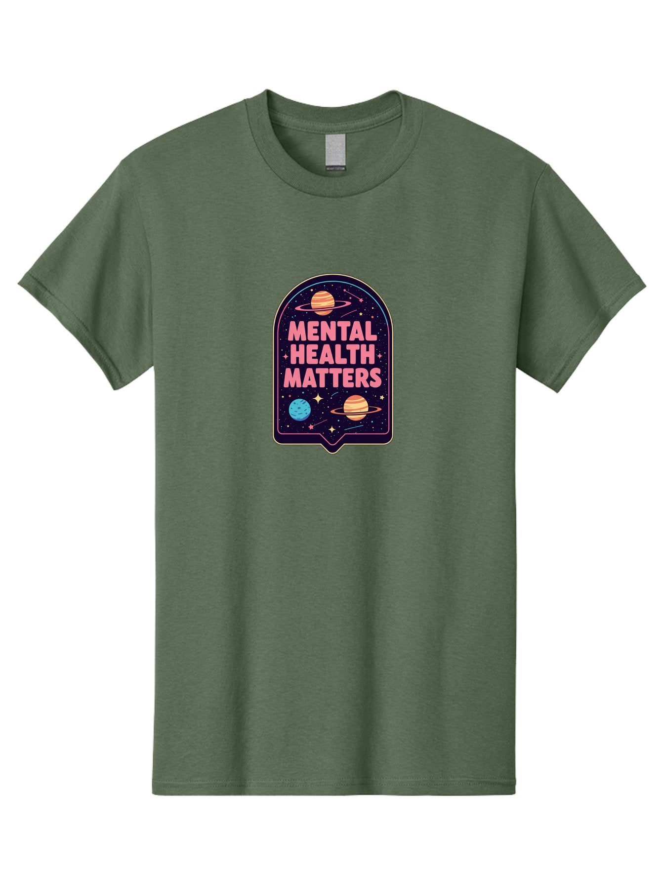 Mental-Health-Matters-4 Men'S Graphic Tee, 100% Cotton, Comfortable Casual Summer Wear, Machine Washable, Mental Health Awareness, Motivational Quote, Celestial Theme, Pink Text, Outer Space Design, Stars, Planets, Mental Wellness, Self Care, Bae069
