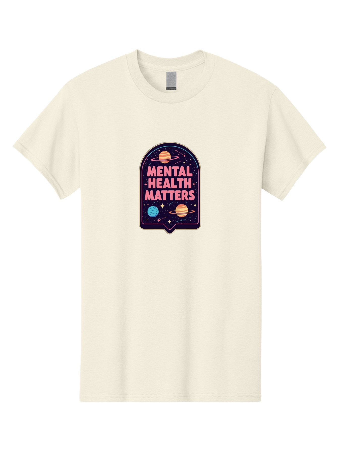 Mental-Health-Matters-4 Men'S Graphic Tee, 100% Cotton, Comfortable Casual Summer Wear, Machine Washable, Mental Health Awareness, Motivational Quote, Celestial Theme, Pink Text, Outer Space Design, Stars, Planets, Mental Wellness, Self Care, Bae069 5
