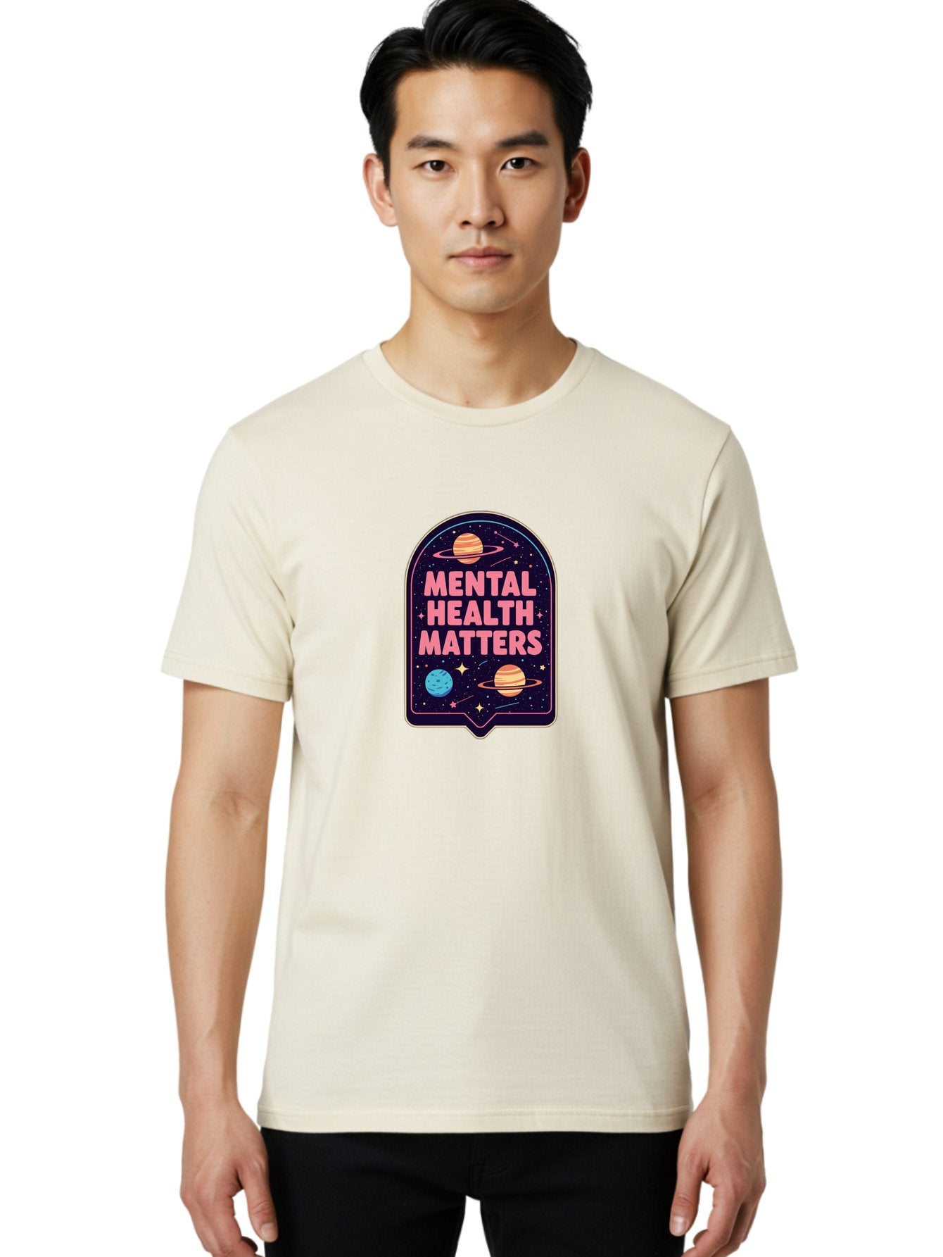 Mental-Health-Matters-4 Men'S Graphic Tee, 100% Cotton, Comfortable Casual Summer Wear, Machine Washable, Mental Health Awareness, Motivational Quote, Celestial Theme, Pink Text, Outer Space Design, Stars, Planets, Mental Wellness, Self Care, Bae069 23
