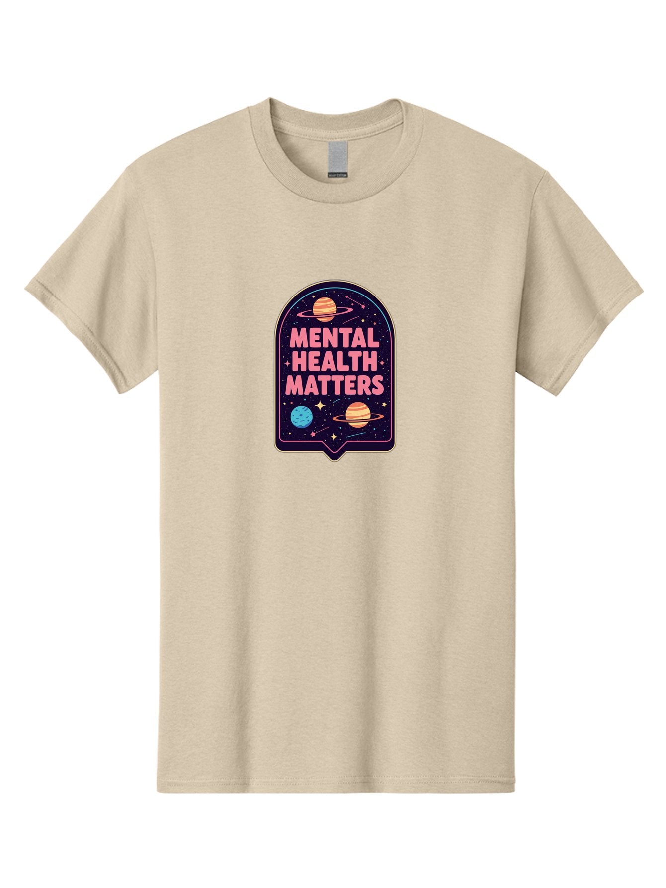 Mental-Health-Matters-4 Men'S Graphic Tee, 100% Cotton, Comfortable Casual Summer Wear, Machine Washable, Mental Health Awareness, Motivational Quote, Celestial Theme, Pink Text, Outer Space Design, Stars, Planets, Mental Wellness, Self Care, Bae069 4