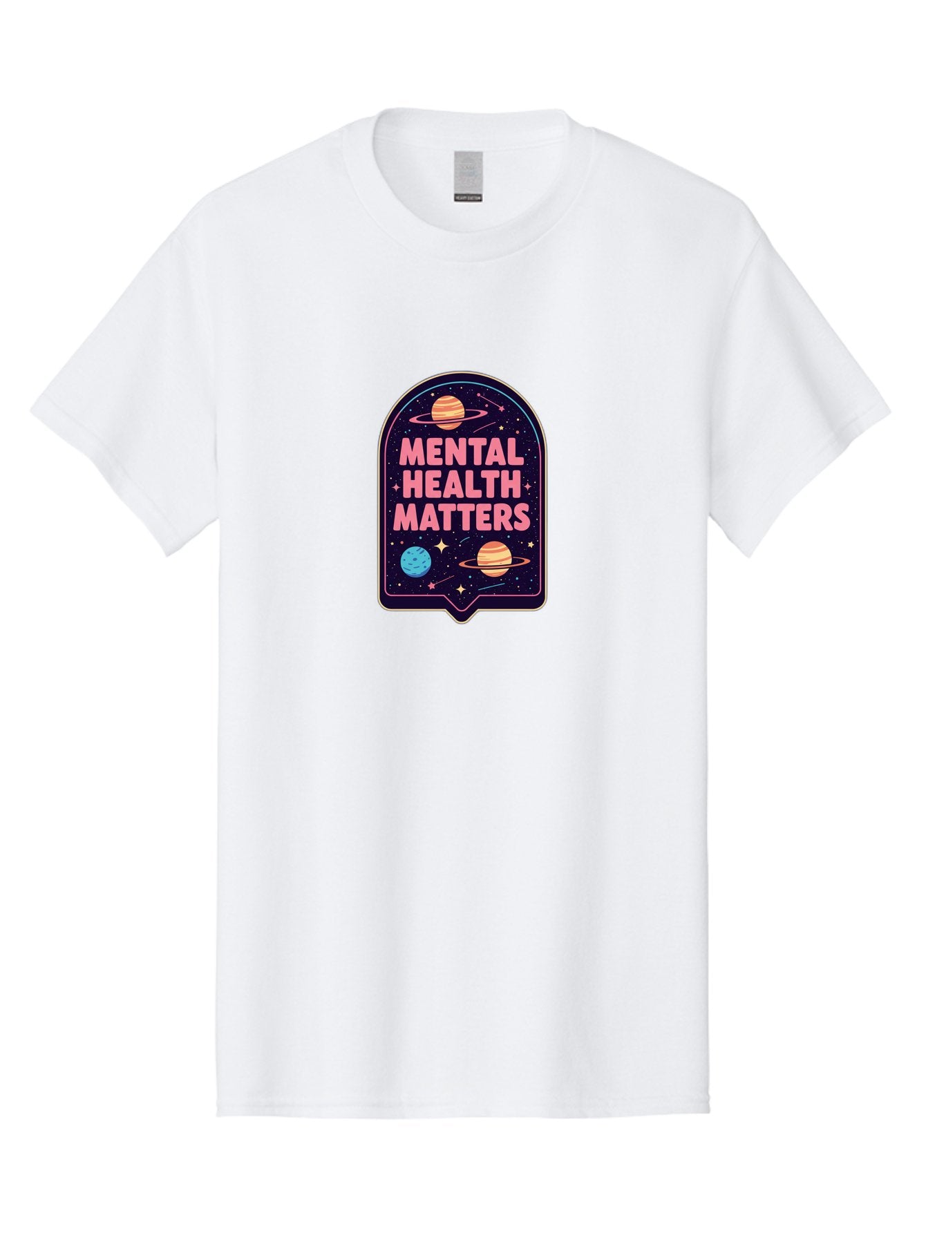 Mental-Health-Matters-4 Men'S Graphic Tee, 100% Cotton, Comfortable Casual Summer Wear, Machine Washable, Mental Health Awareness, Motivational Quote, Celestial Theme, Pink Text, Outer Space Design, Stars, Planets, Mental Wellness, Self Care, Bae069 8
