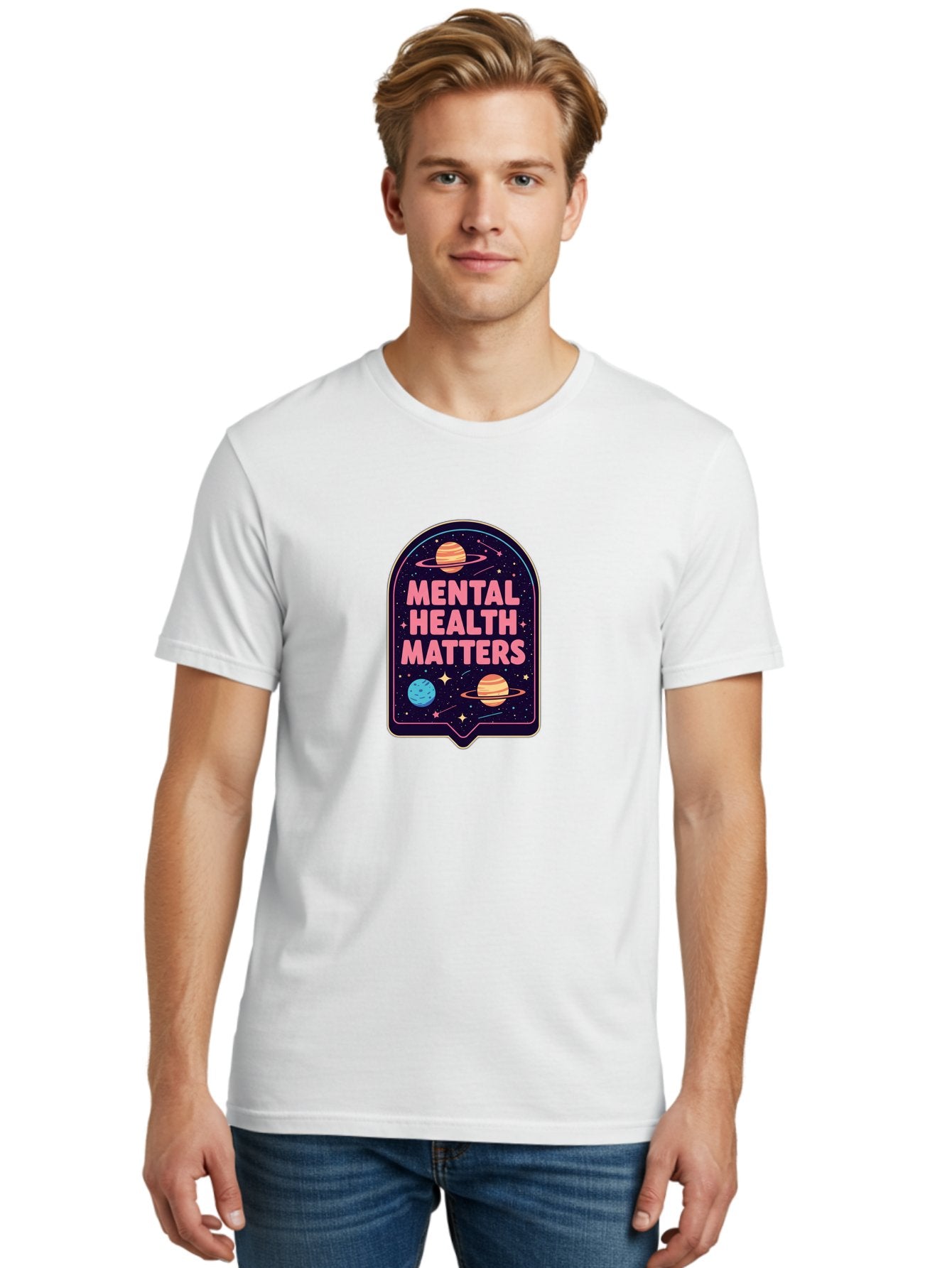 Mental-Health-Matters-4 Men'S Graphic Tee, 100% Cotton, Comfortable Casual Summer Wear, Machine Washable, Mental Health Awareness, Motivational Quote, Celestial Theme, Pink Text, Outer Space Design, Stars, Planets, Mental Wellness, Self Care, Bae069 25