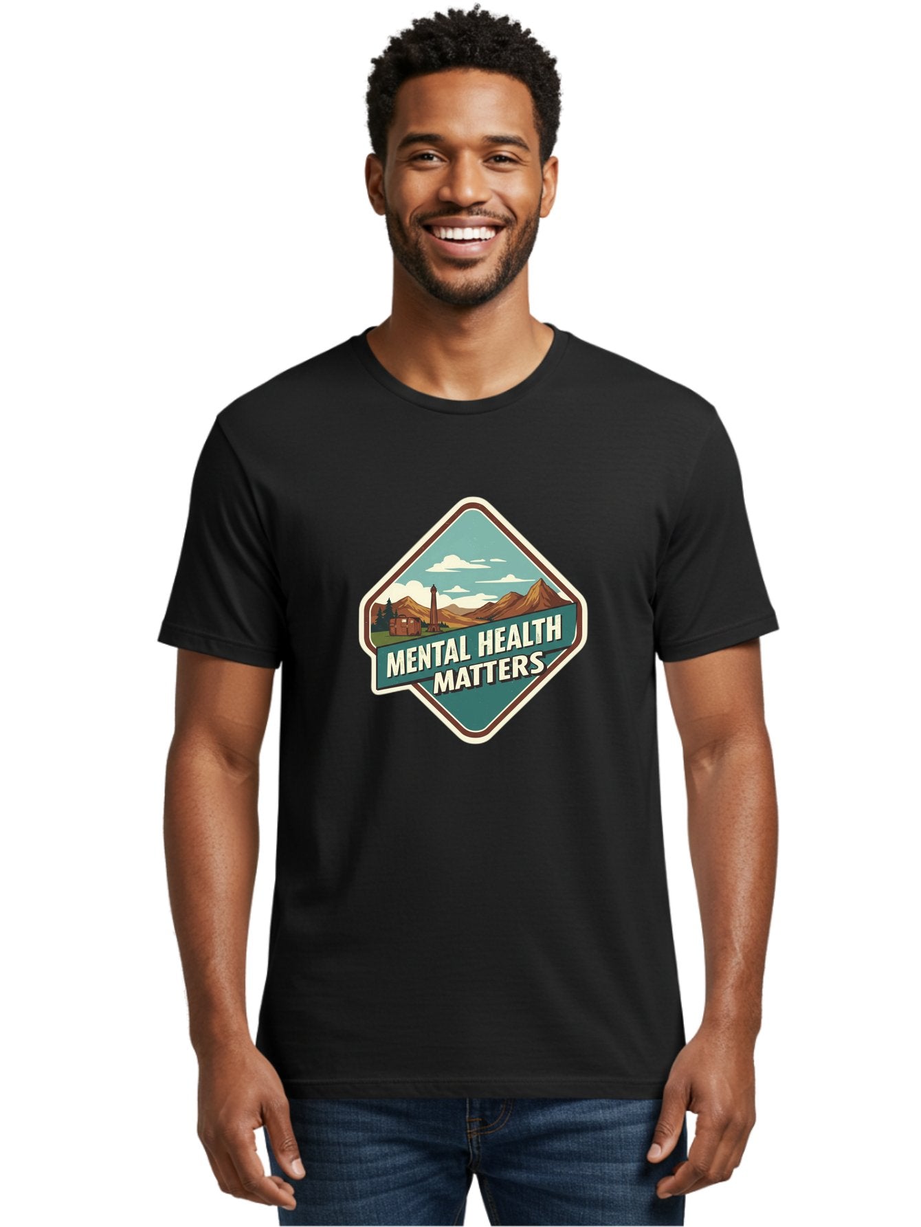 Mental-Health-Matters-5 Men'S Graphic Tee, 100% Cotton, Comfortable Casual Summer Wear, Machine Washable, Mental Health Awareness, Rural Landscape, Mountains, Cloudy Sky, Lighthouse, Mental Health Matters, Self-Care, Wellness, Mindfulness, Bae070 20