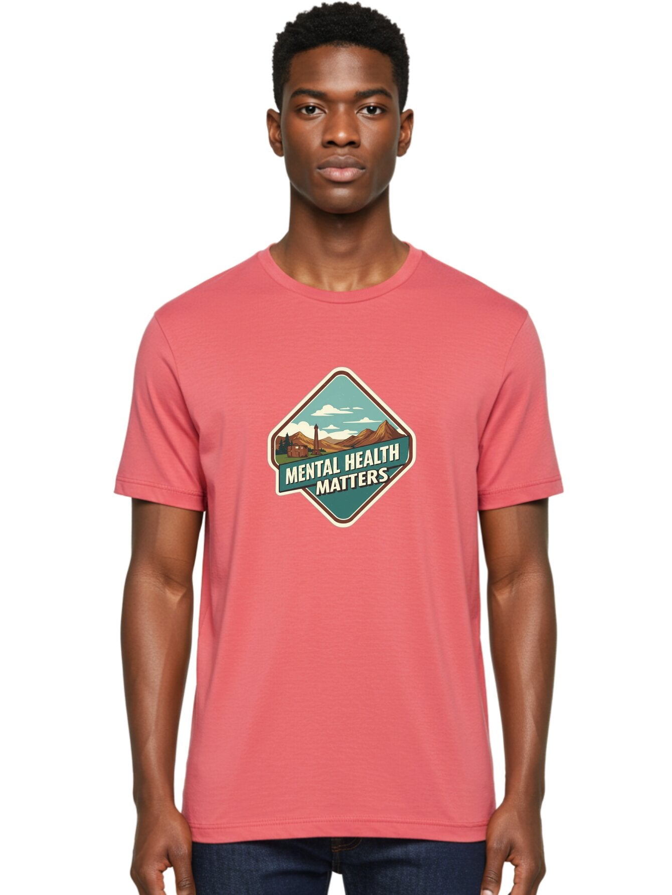 Mental-Health-Matters-5 Men'S Graphic Tee, 100% Cotton, Comfortable Casual Summer Wear, Machine Washable, Mental Health Awareness, Rural Landscape, Mountains, Cloudy Sky, Lighthouse, Mental Health Matters, Self-Care, Wellness, Mindfulness, Bae070 21