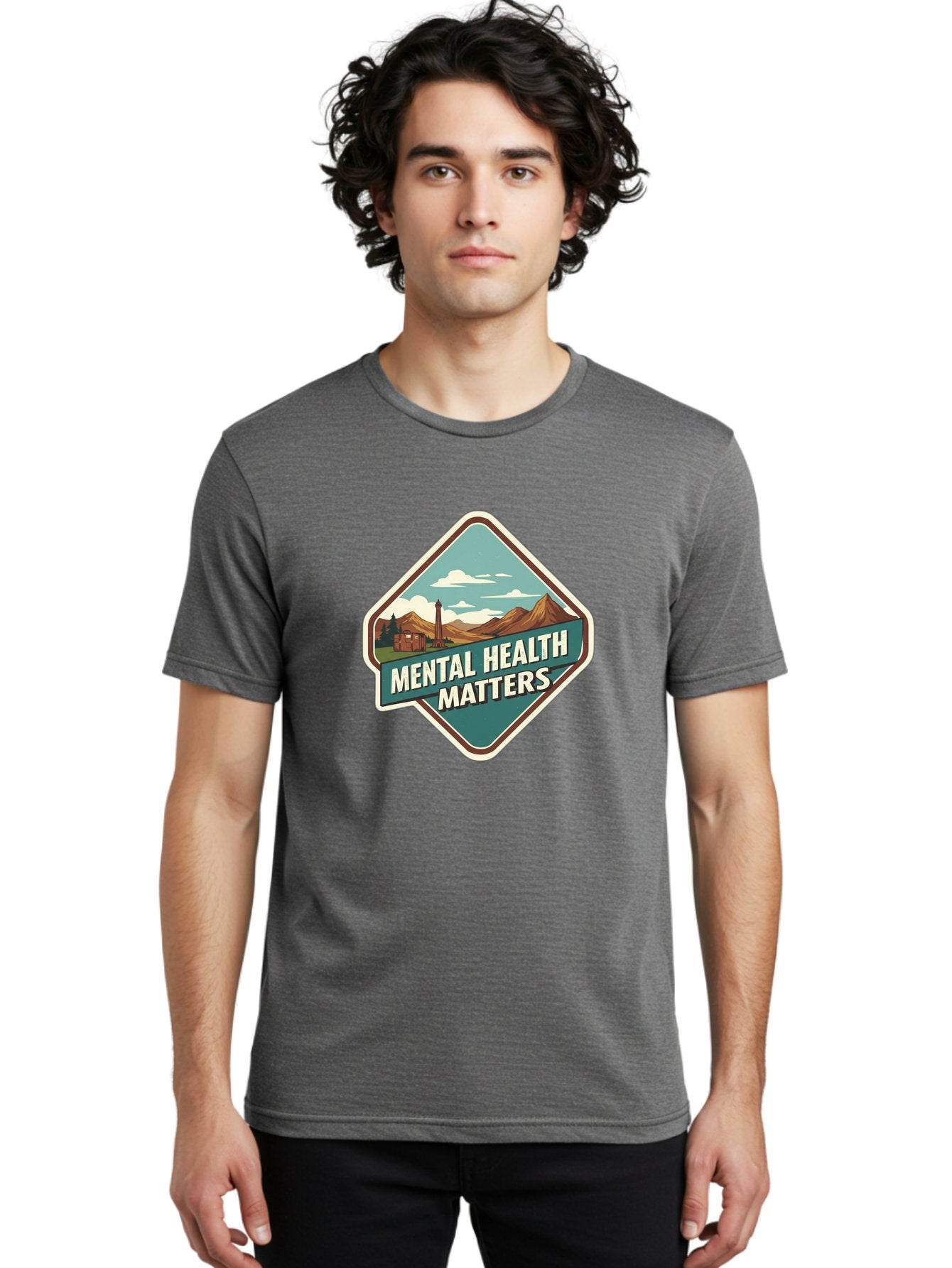 Mental-Health-Matters-5 Men'S Graphic Tee, 100% Cotton, Comfortable Casual Summer Wear, Machine Washable, Mental Health Awareness, Rural Landscape, Mountains, Cloudy Sky, Lighthouse, Mental Health Matters, Self-Care, Wellness, Mindfulness, Bae070 19