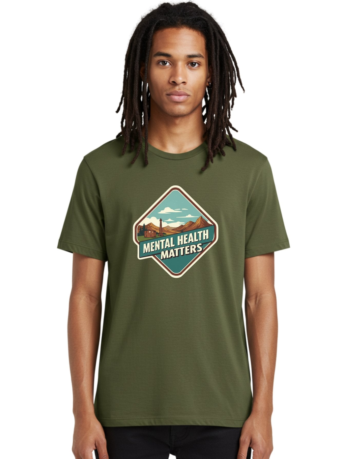 Mental-Health-Matters-5 Men'S Graphic Tee, 100% Cotton, Comfortable Casual Summer Wear, Machine Washable, Mental Health Awareness, Rural Landscape, Mountains, Cloudy Sky, Lighthouse, Mental Health Matters, Self-Care, Wellness, Mindfulness, Bae070 18