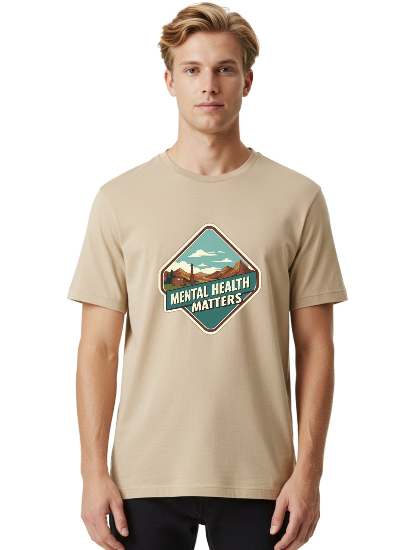 Mental-Health-Matters-5 Men'S Graphic Tee, 100% Cotton, Comfortable Casual Summer Wear, Machine Washable, Mental Health Awareness, Rural Landscape, Mountains, Cloudy Sky, Lighthouse, Mental Health Matters, Self-Care, Wellness, Mindfulness, Bae070 25