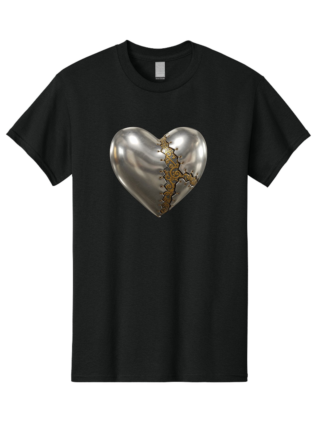 Metal-Heart Men'S Graphic Tee, 100% Cotton, Comfortable Casual Summer Wear, Machine Washable, Metallic Heart, Broken Heart, Kintsugi Repair, Golden Filigree, Cracked Heart, Heart Repair, Steampunk Heart, Metalwork Art, Heart Symbolism, Bae072 7