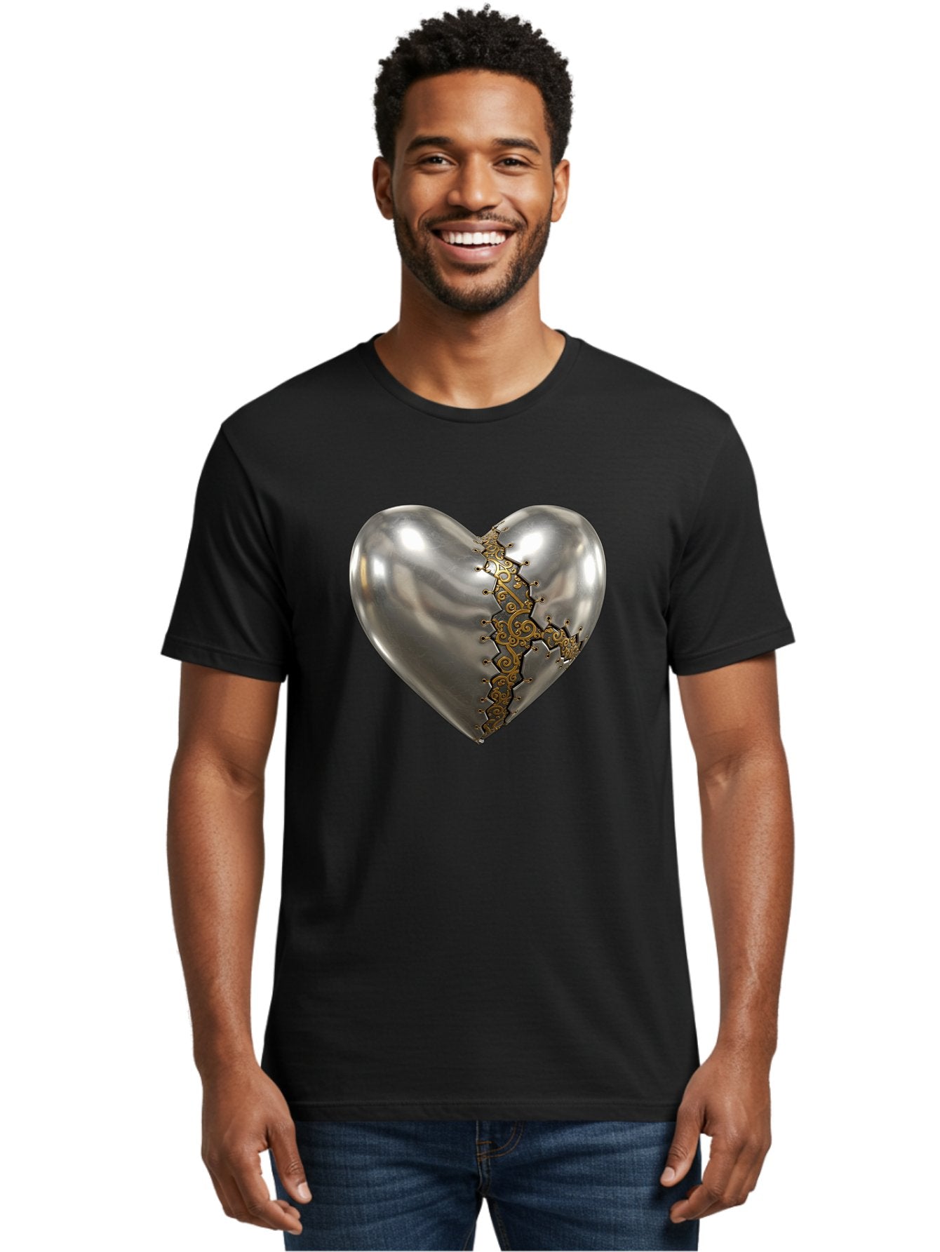 Metal-Heart Men'S Graphic Tee, 100% Cotton, Comfortable Casual Summer Wear, Machine Washable, Metallic Heart, Broken Heart, Kintsugi Repair, Golden Filigree, Cracked Heart, Heart Repair, Steampunk Heart, Metalwork Art, Heart Symbolism, Bae072 16