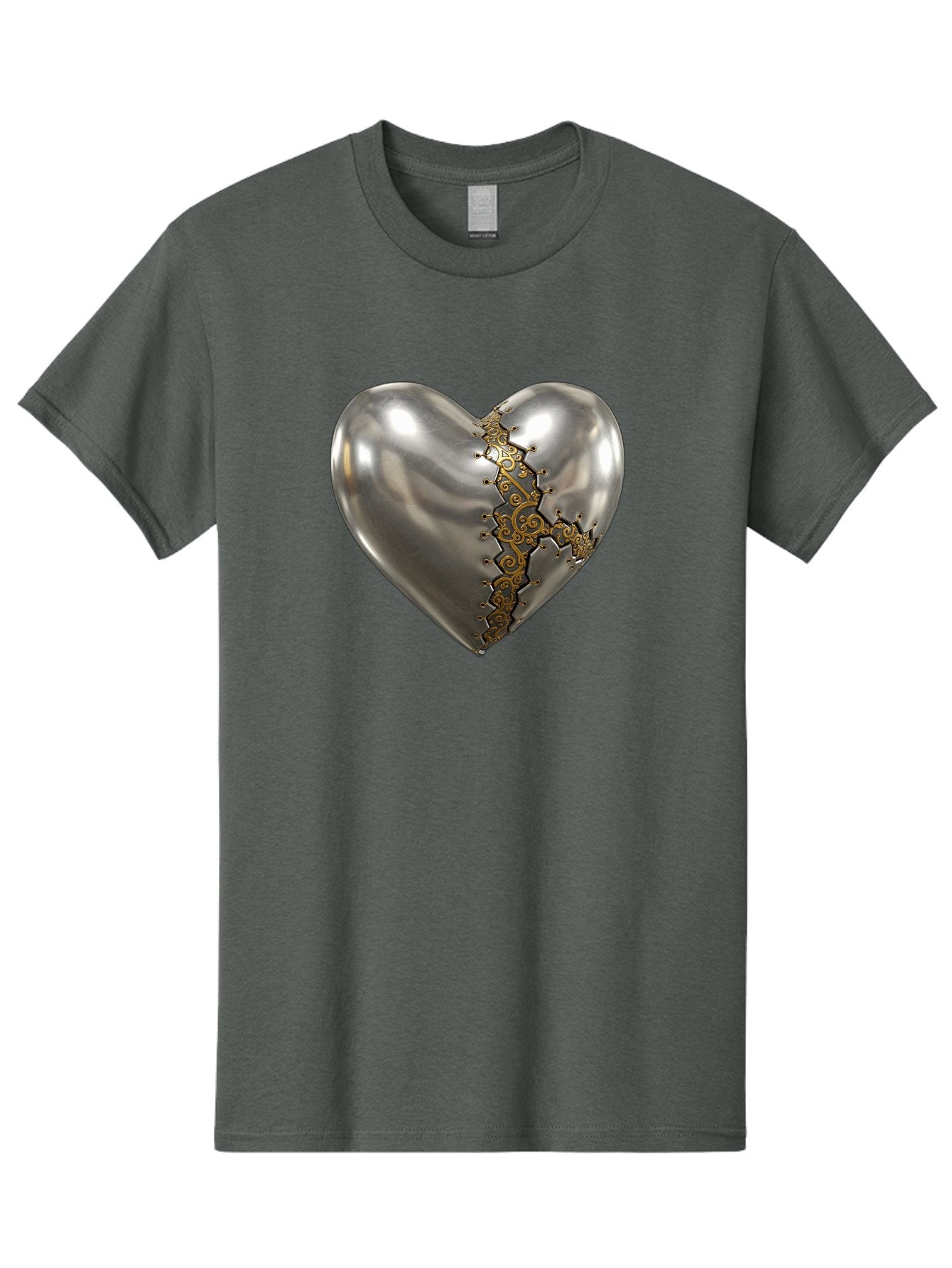 Metal-Heart Men'S Graphic Tee, 100% Cotton, Comfortable Casual Summer Wear, Machine Washable, Metallic Heart, Broken Heart, Kintsugi Repair, Golden Filigree, Cracked Heart, Heart Repair, Steampunk Heart, Metalwork Art, Heart Symbolism, Bae072 8