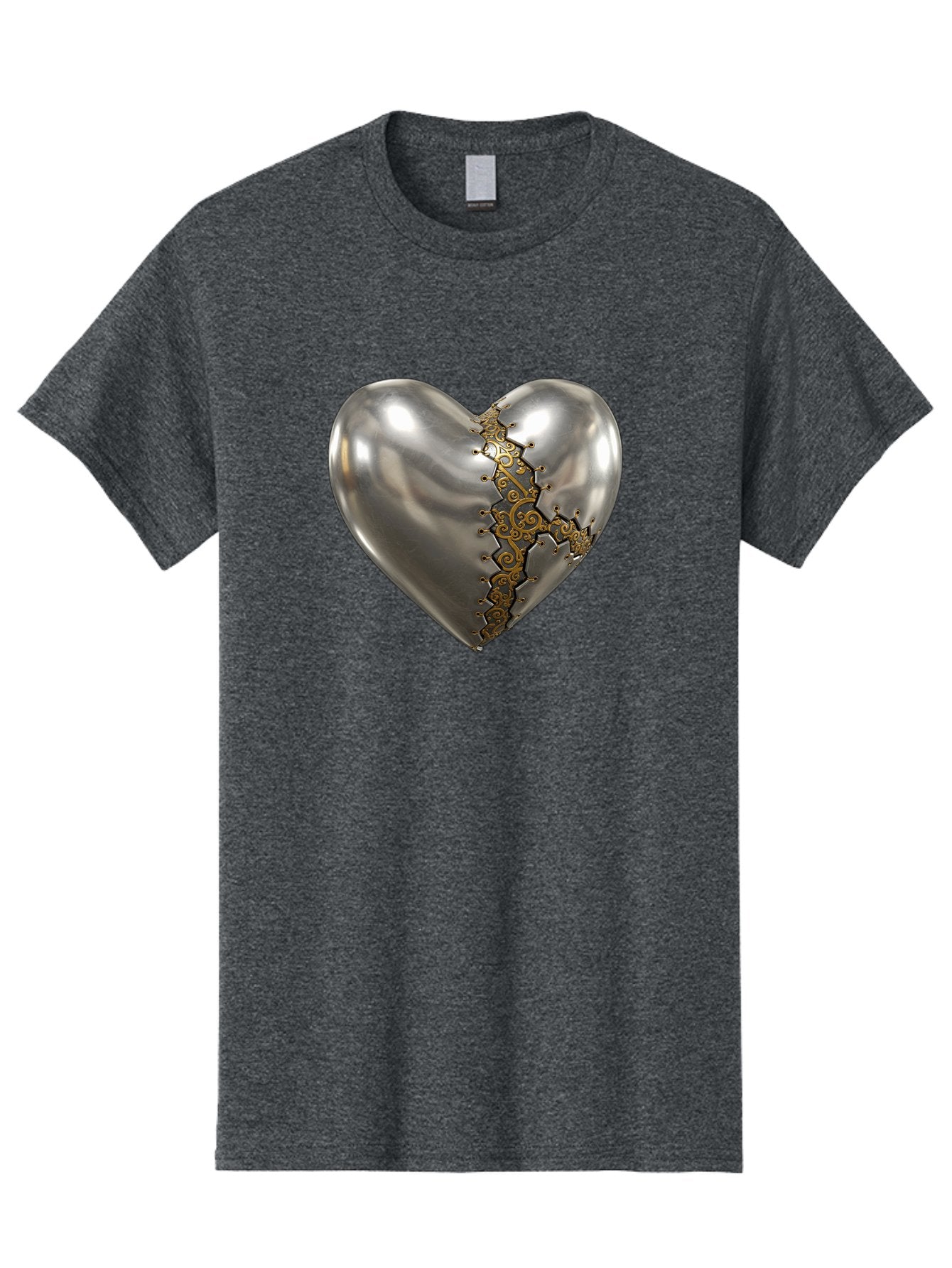 Metal-Heart Men'S Graphic Tee, 100% Cotton, Comfortable Casual Summer Wear, Machine Washable, Metallic Heart, Broken Heart, Kintsugi Repair, Golden Filigree, Cracked Heart, Heart Repair, Steampunk Heart, Metalwork Art, Heart Symbolism, Bae072 10