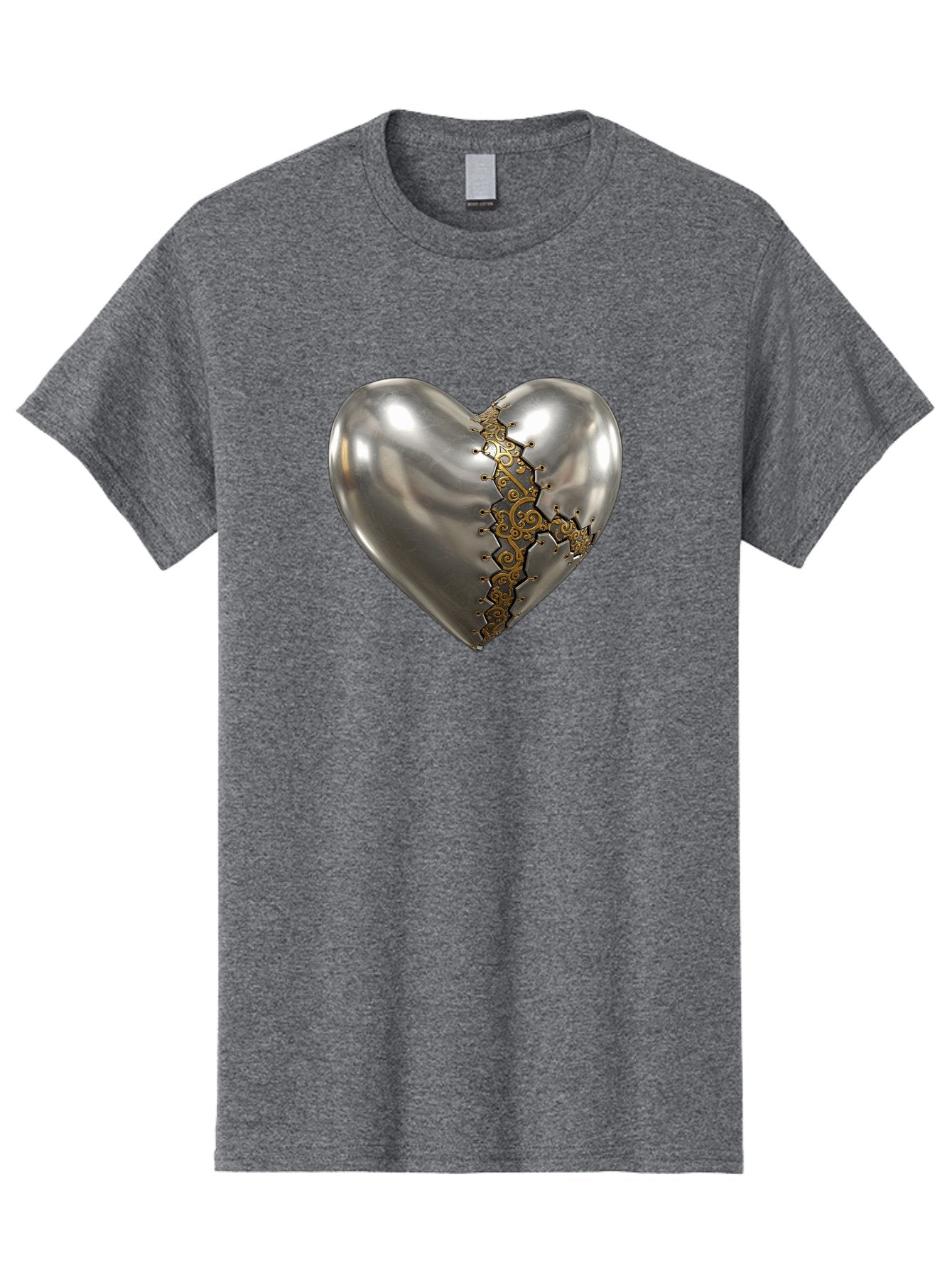Metal-Heart Men'S Graphic Tee, 100% Cotton, Comfortable Casual Summer Wear, Machine Washable, Metallic Heart, Broken Heart, Kintsugi Repair, Golden Filigree, Cracked Heart, Heart Repair, Steampunk Heart, Metalwork Art, Heart Symbolism, Bae072 14