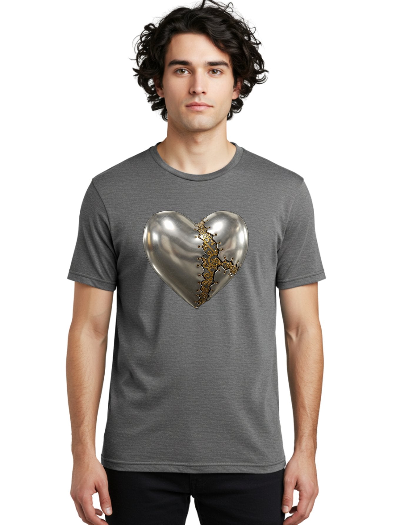 Metal-Heart Men'S Graphic Tee, 100% Cotton, Comfortable Casual Summer Wear, Machine Washable, Metallic Heart, Broken Heart, Kintsugi Repair, Golden Filigree, Cracked Heart, Heart Repair, Steampunk Heart, Metalwork Art, Heart Symbolism, Bae072 29
