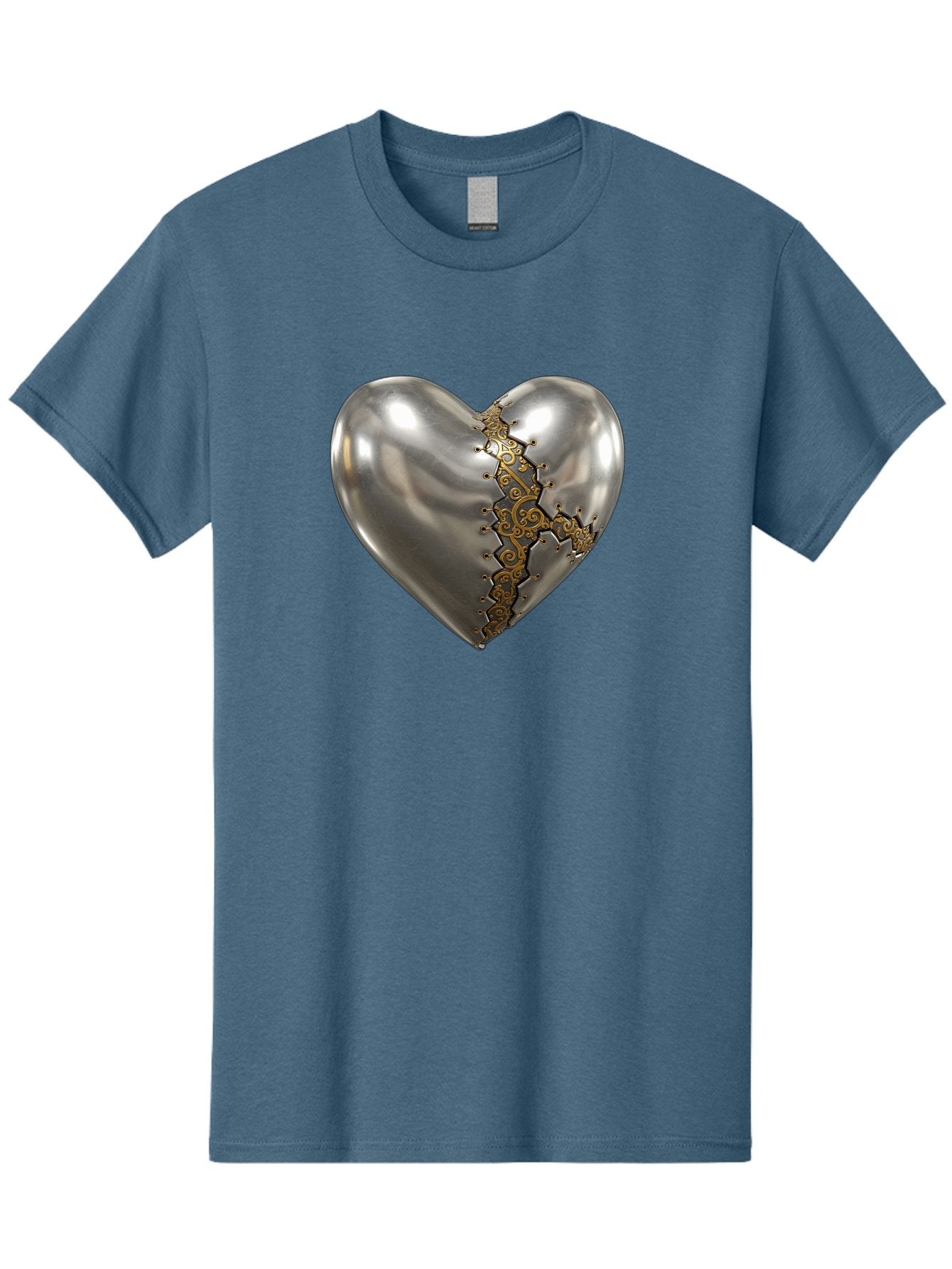 Metal-Heart Men'S Graphic Tee, 100% Cotton, Comfortable Casual Summer Wear, Machine Washable, Metallic Heart, Broken Heart, Kintsugi Repair, Golden Filigree, Cracked Heart, Heart Repair, Steampunk Heart, Metalwork Art, Heart Symbolism, Bae072 3