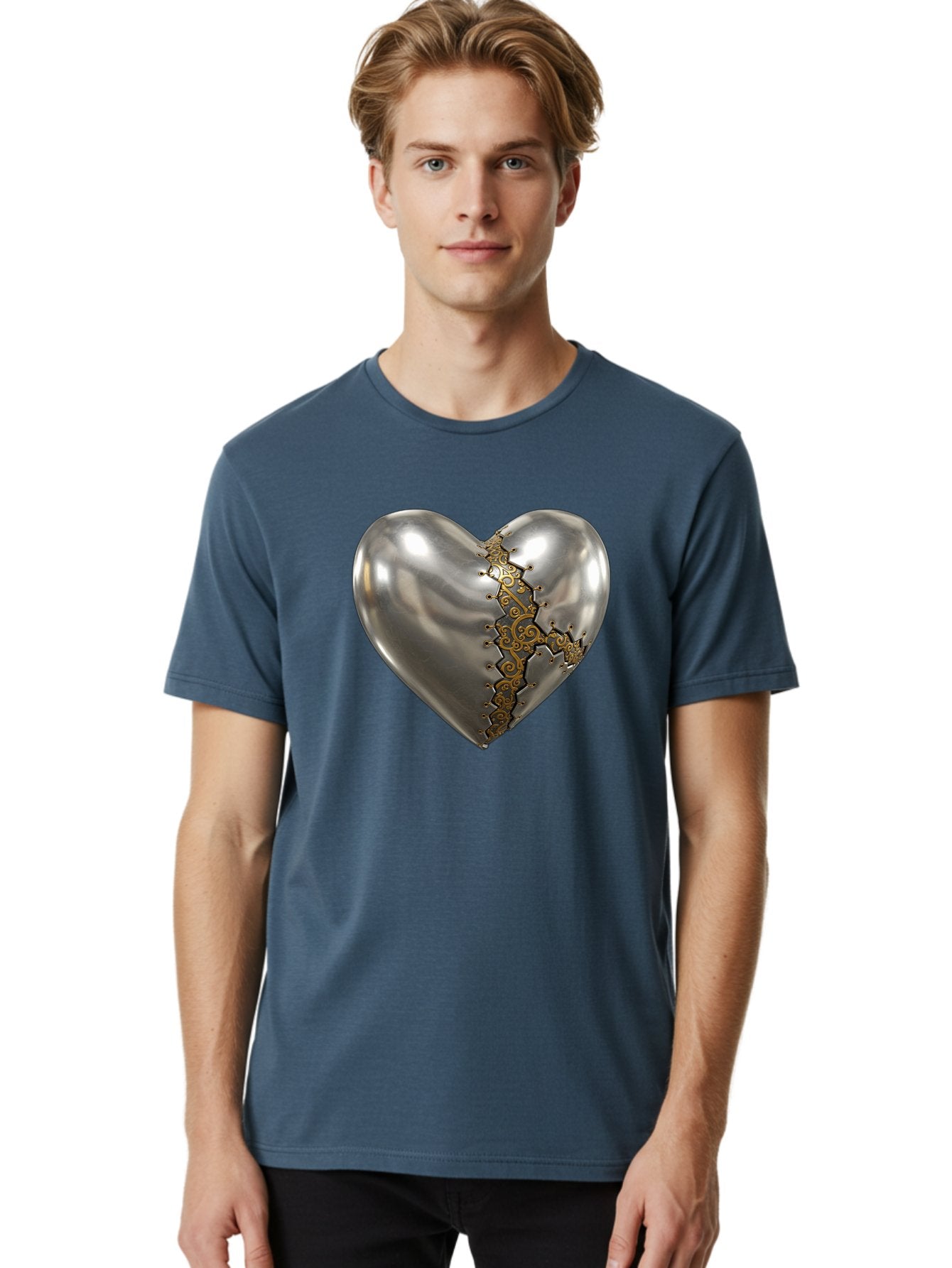 Metal-Heart Men'S Graphic Tee, 100% Cotton, Comfortable Casual Summer Wear, Machine Washable, Metallic Heart, Broken Heart, Kintsugi Repair, Golden Filigree, Cracked Heart, Heart Repair, Steampunk Heart, Metalwork Art, Heart Symbolism, Bae072 22