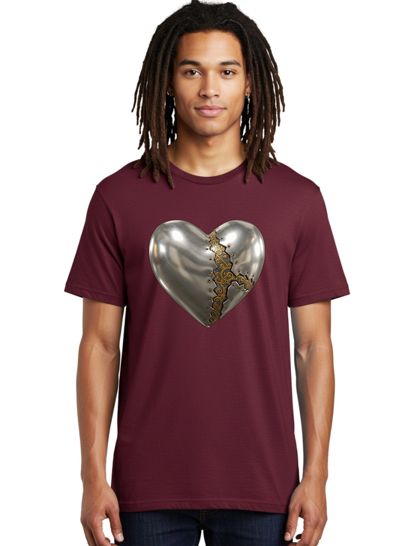 Metal-Heart Men'S Graphic Tee, 100% Cotton, Comfortable Casual Summer Wear, Machine Washable, Metallic Heart, Broken Heart, Kintsugi Repair, Golden Filigree, Cracked Heart, Heart Repair, Steampunk Heart, Metalwork Art, Heart Symbolism, Bae072 28