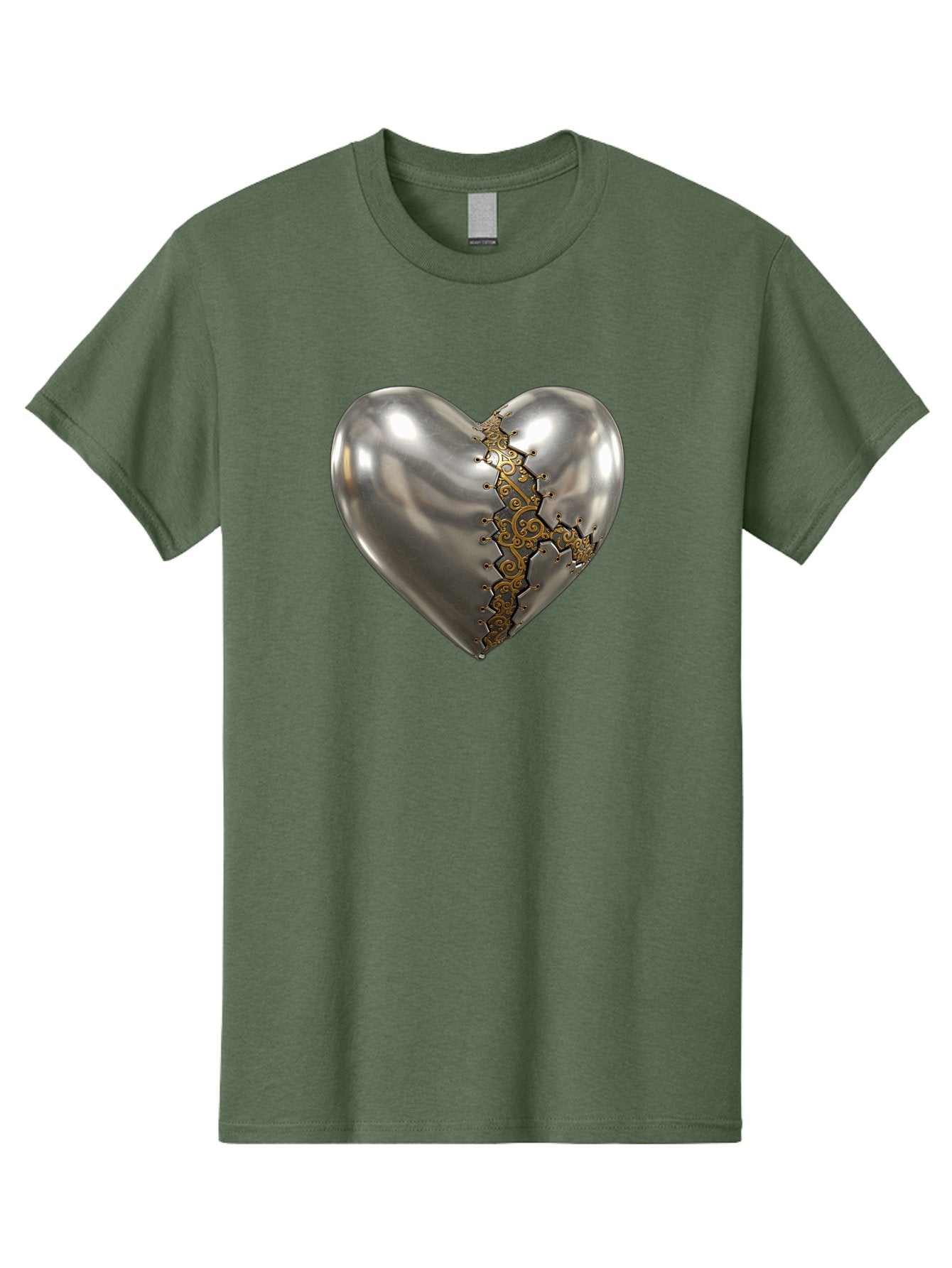 Metal-Heart Men'S Graphic Tee, 100% Cotton, Comfortable Casual Summer Wear, Machine Washable, Metallic Heart, Broken Heart, Kintsugi Repair, Golden Filigree, Cracked Heart, Heart Repair, Steampunk Heart, Metalwork Art, Heart Symbolism, Bae072 6