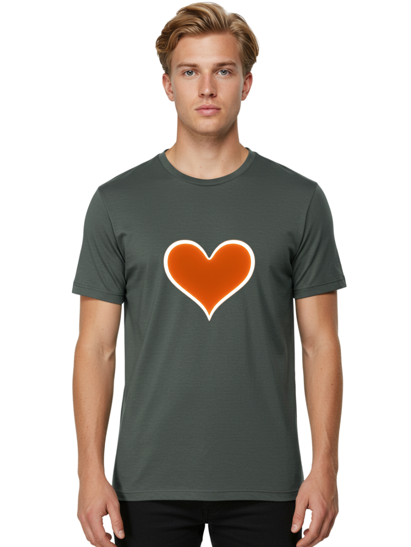 Orange-Heart Men'S Graphic Tee, 100% Cotton, Comfortable Casual Summer Wear, Machine Washable, Orange Heart Symbol, Love Icon, Heart Shape, White Outline, Love Sign, Heart Illustration, Orange Color, Heart Graphic Bae073 30