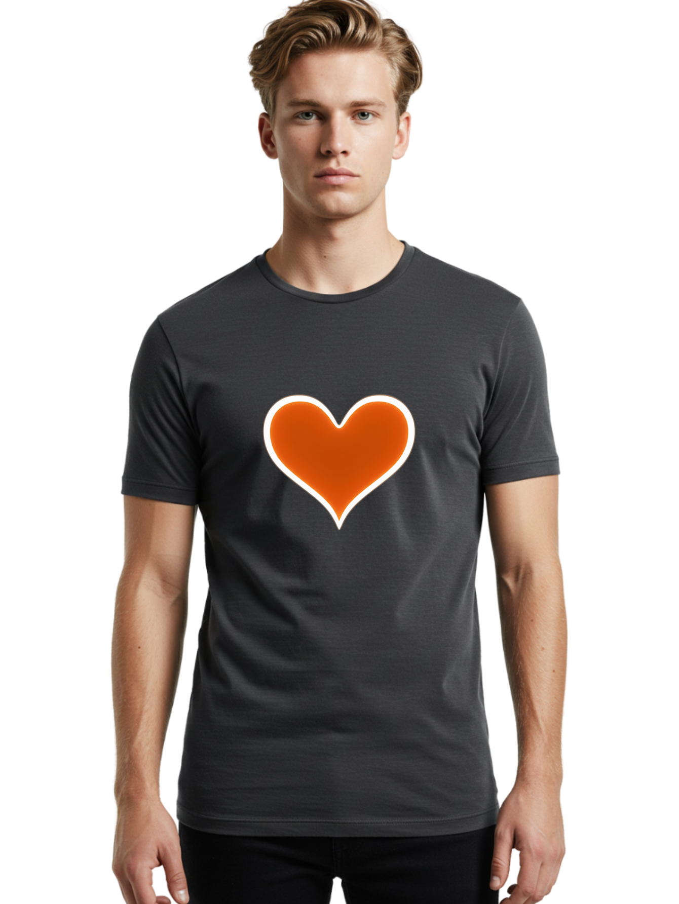 Orange-Heart Men'S Graphic Tee, 100% Cotton, Comfortable Casual Summer Wear, Machine Washable, Orange Heart Symbol, Love Icon, Heart Shape, White Outline, Love Sign, Heart Illustration, Orange Color, Heart Graphic Bae073 28