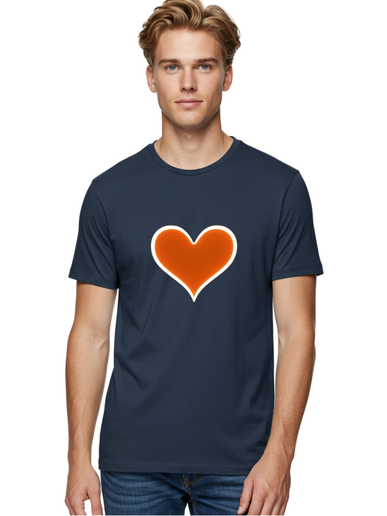 Orange-Heart Men'S Graphic Tee, 100% Cotton, Comfortable Casual Summer Wear, Machine Washable, Orange Heart Symbol, Love Icon, Heart Shape, White Outline, Love Sign, Heart Illustration, Orange Color, Heart Graphic Bae073 27