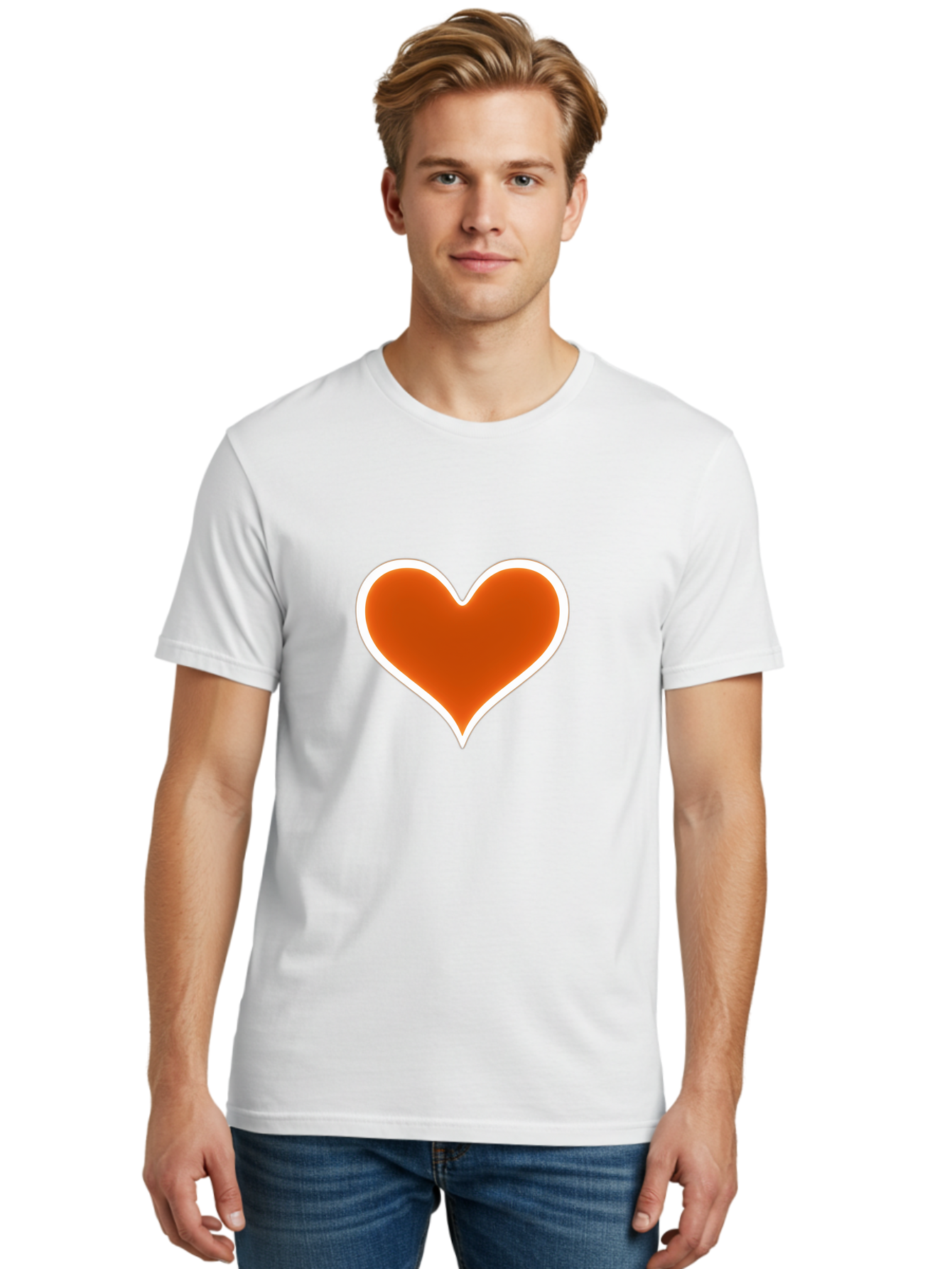 Orange-Heart Men'S Graphic Tee, 100% Cotton, Comfortable Casual Summer Wear, Machine Washable, Orange Heart Symbol, Love Icon, Heart Shape, White Outline, Love Sign, Heart Illustration, Orange Color, Heart Graphic Bae073 26