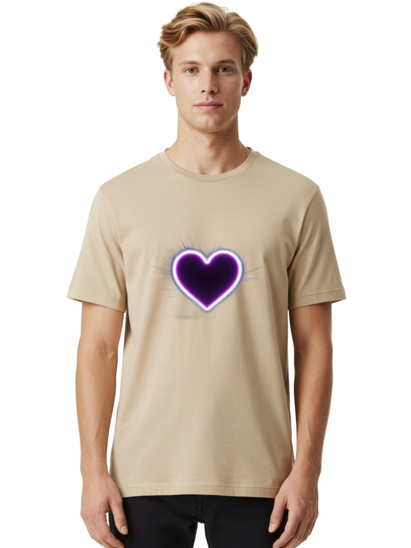 Purple-Heart Men'S Graphic Tee, 100% Cotton, Comfortable Casual Summer Wear, Machine Washable, Purple Heart Icon, Glowing Heart, Purple Neon Glow, Love Symbol, Heart Shape, Vibrant Purple, Emotional Graphic, Valentines Day Graphic, Heart Icon Bae075 30