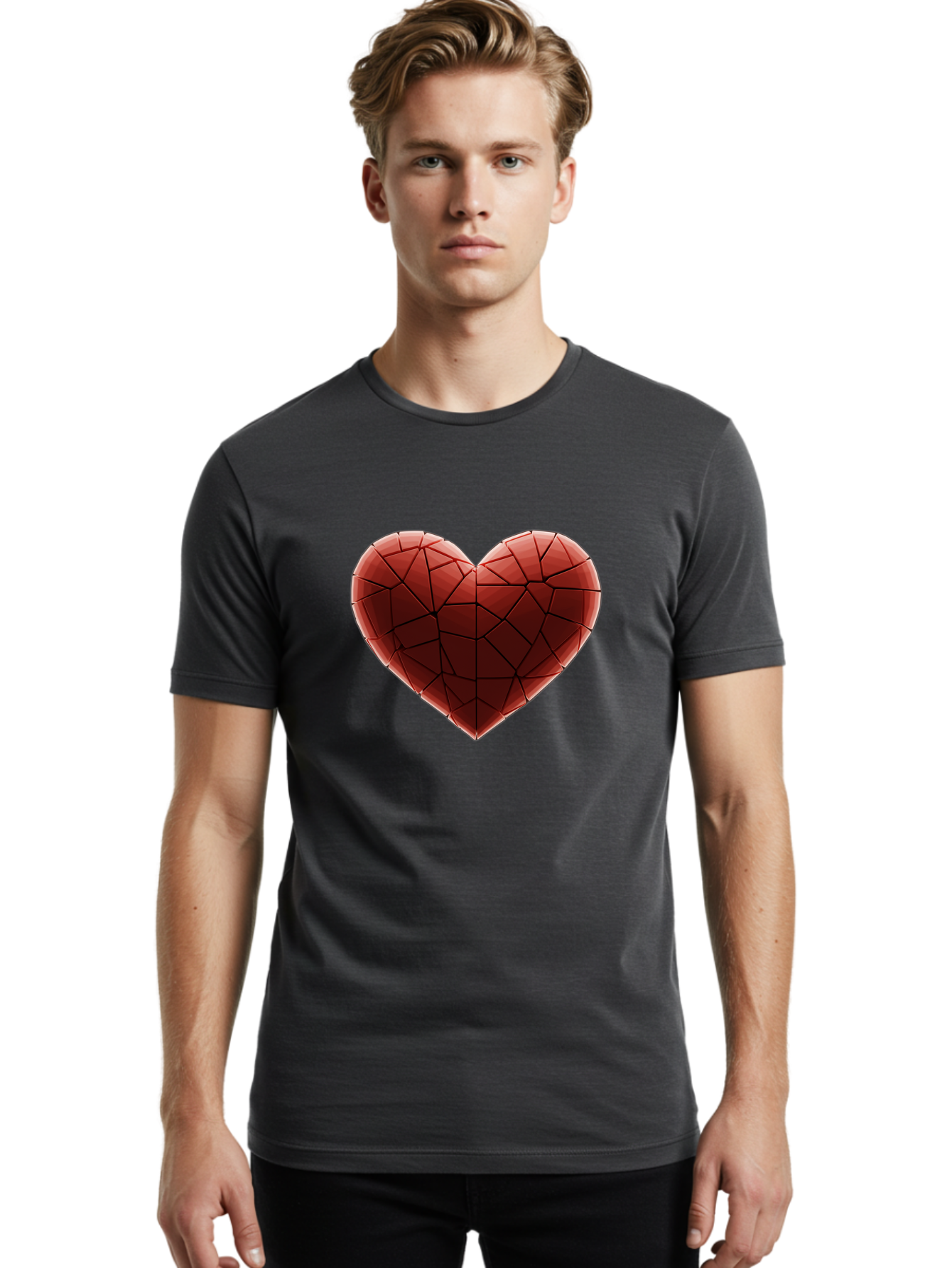 Red-Faceted-Heart Men'S Graphic Tee, 100% Cotton, Comfortable Casual Summer Wear, Machine Washable, Low Poly Heart, Geometric Heart, Red Heart, Love Symbol, Abstract Art, 3D Model, Modern Design, Polygonal Shape, Heart Shape Bae076 16