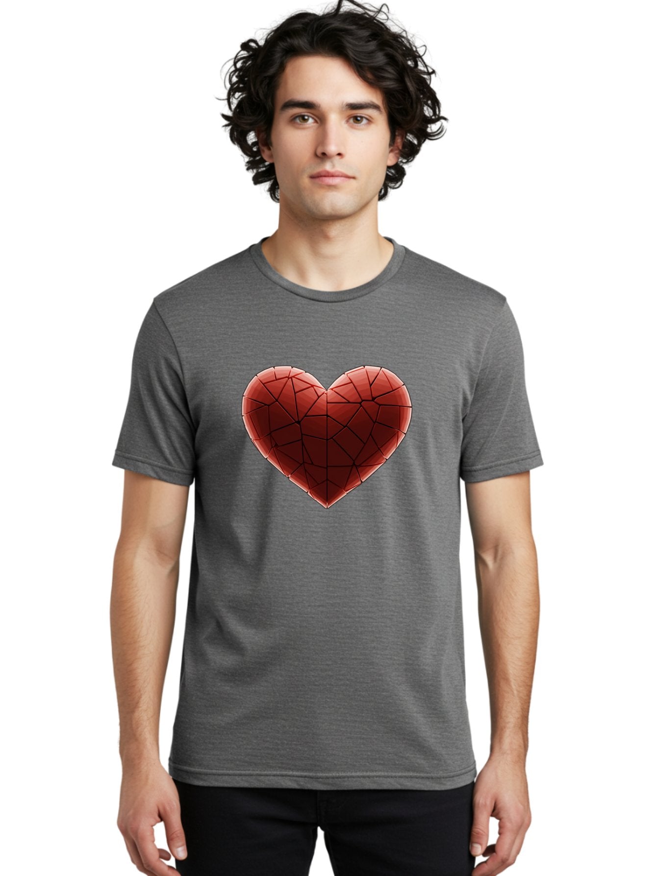 Red-Faceted-Heart Men'S Graphic Tee, 100% Cotton, Comfortable Casual Summer Wear, Machine Washable, Low Poly Heart, Geometric Heart, Red Heart, Love Symbol, Abstract Art, 3D Model, Modern Design, Polygonal Shape, Heart Shape Bae076 25