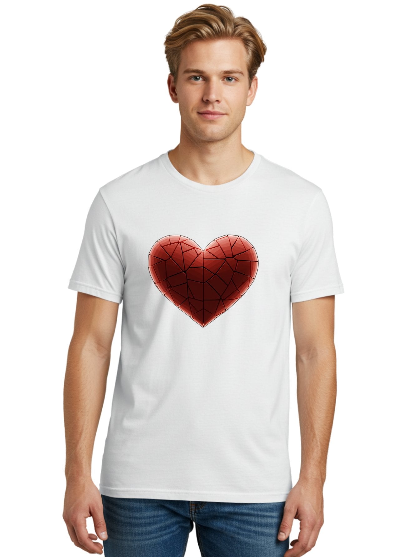 Red-Faceted-Heart Men'S Graphic Tee, 100% Cotton, Comfortable Casual Summer Wear, Machine Washable, Low Poly Heart, Geometric Heart, Red Heart, Love Symbol, Abstract Art, 3D Model, Modern Design, Polygonal Shape, Heart Shape Bae076 24