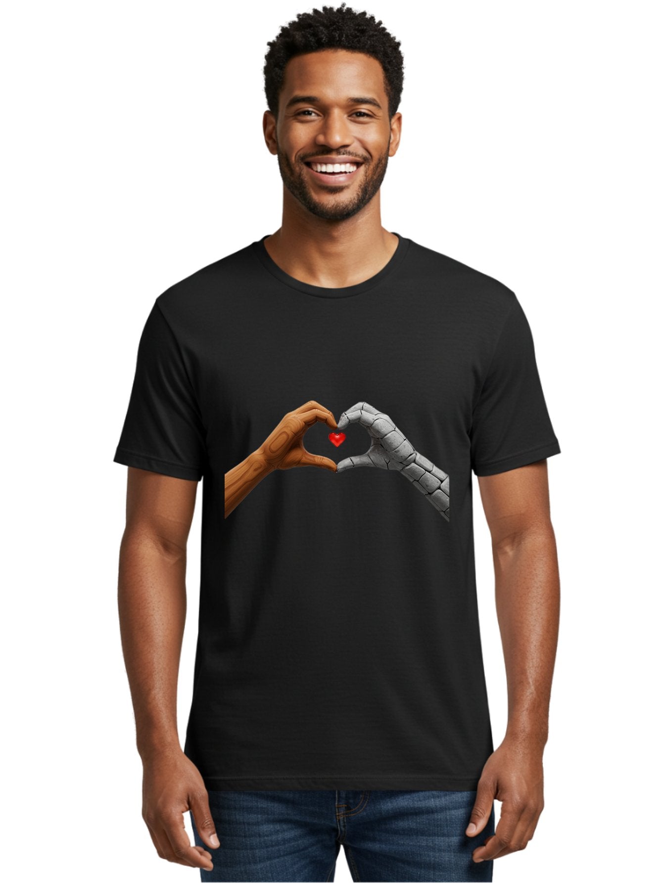 Robot-Hand-Human-Hand-Heart Men'S Graphic Tee, 100% Cotton, Comfortable Casual Summer Wear, Machine Washable, Human Hand, Robot Hand, Heart Shape, Love Symbol, Technology And Humanity, Futuristic Love, Robotic Love, Hand Gesture, Red Heart Bae077 19