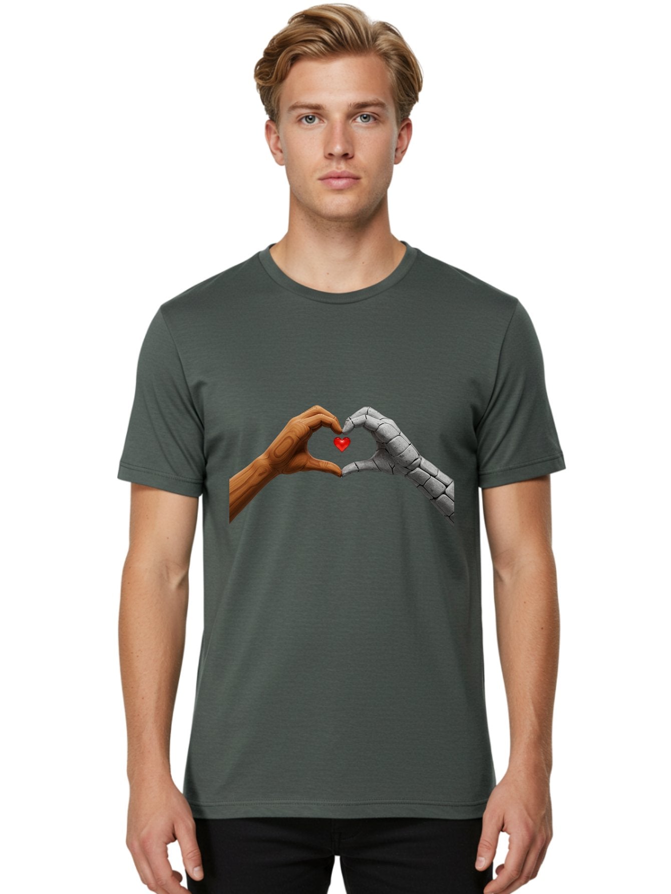 Robot-Hand-Human-Hand-Heart Men'S Graphic Tee, 100% Cotton, Comfortable Casual Summer Wear, Machine Washable, Human Hand, Robot Hand, Heart Shape, Love Symbol, Technology And Humanity, Futuristic Love, Robotic Love, Hand Gesture, Red Heart Bae077 21
