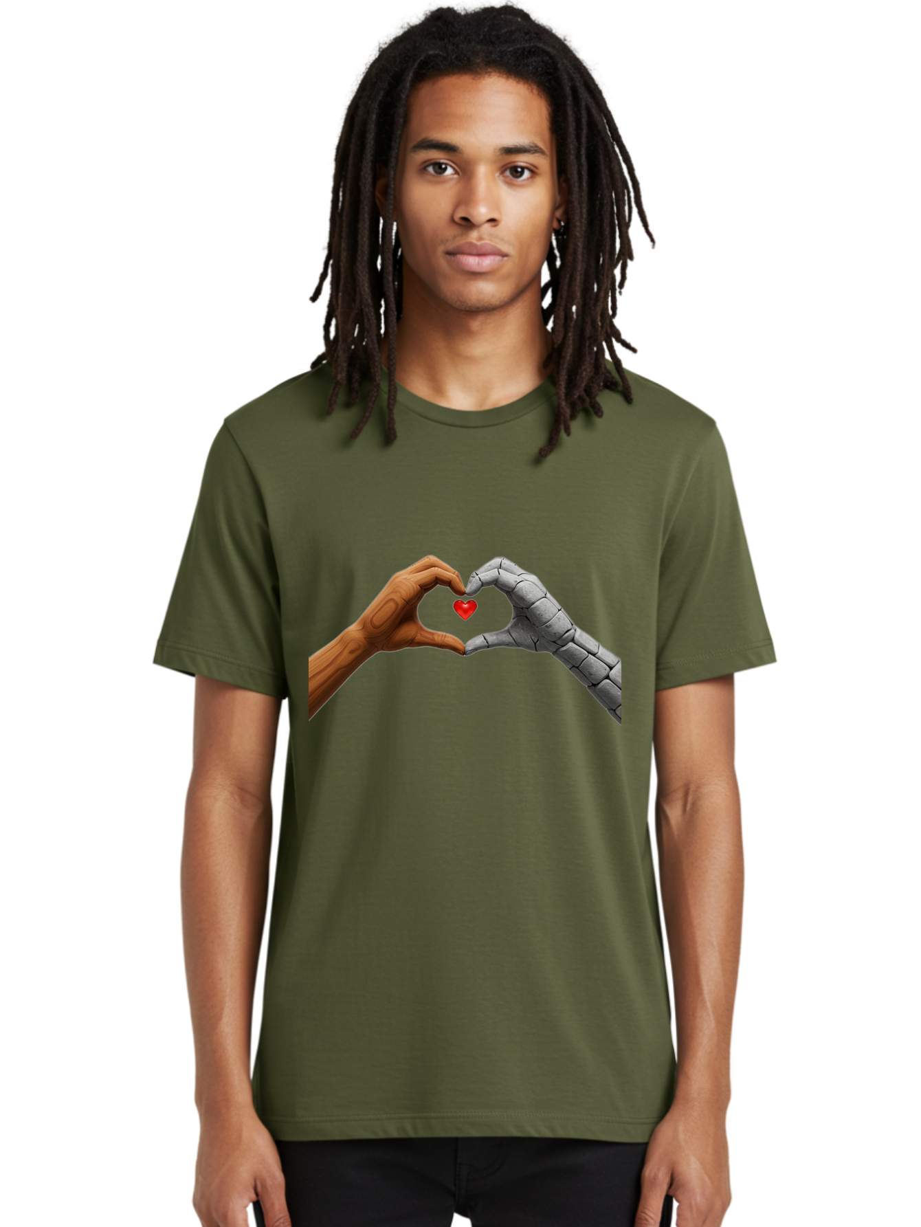 Robot-Hand-Human-Hand-Heart Men'S Graphic Tee, 100% Cotton, Comfortable Casual Summer Wear, Machine Washable, Human Hand, Robot Hand, Heart Shape, Love Symbol, Technology And Humanity, Futuristic Love, Robotic Love, Hand Gesture, Red Heart Bae077 28
