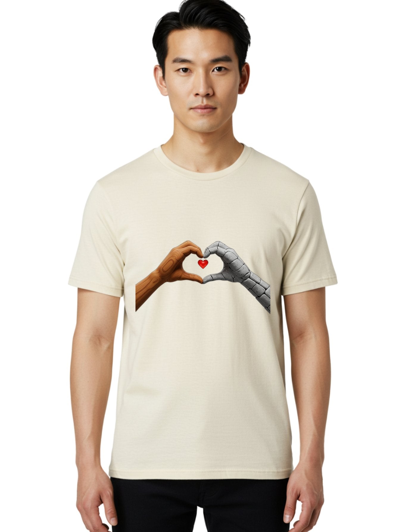 Robot-Hand-Human-Hand-Heart Men'S Graphic Tee, 100% Cotton, Comfortable Casual Summer Wear, Machine Washable, Human Hand, Robot Hand, Heart Shape, Love Symbol, Technology And Humanity, Futuristic Love, Robotic Love, Hand Gesture, Red Heart Bae077 27
